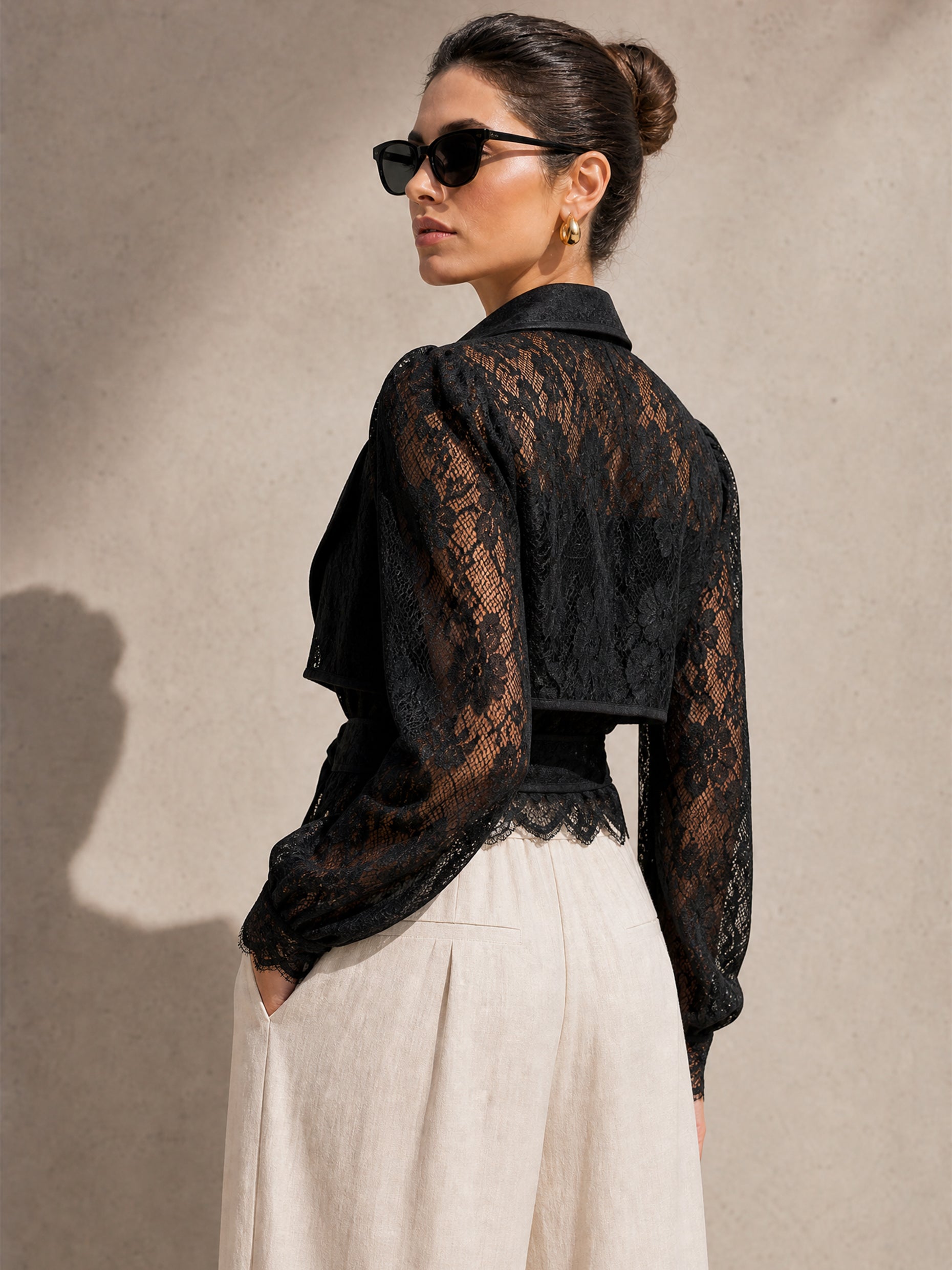 Elegant Sheer Notch-Lapel Floral Lace Tie-Front Jacket