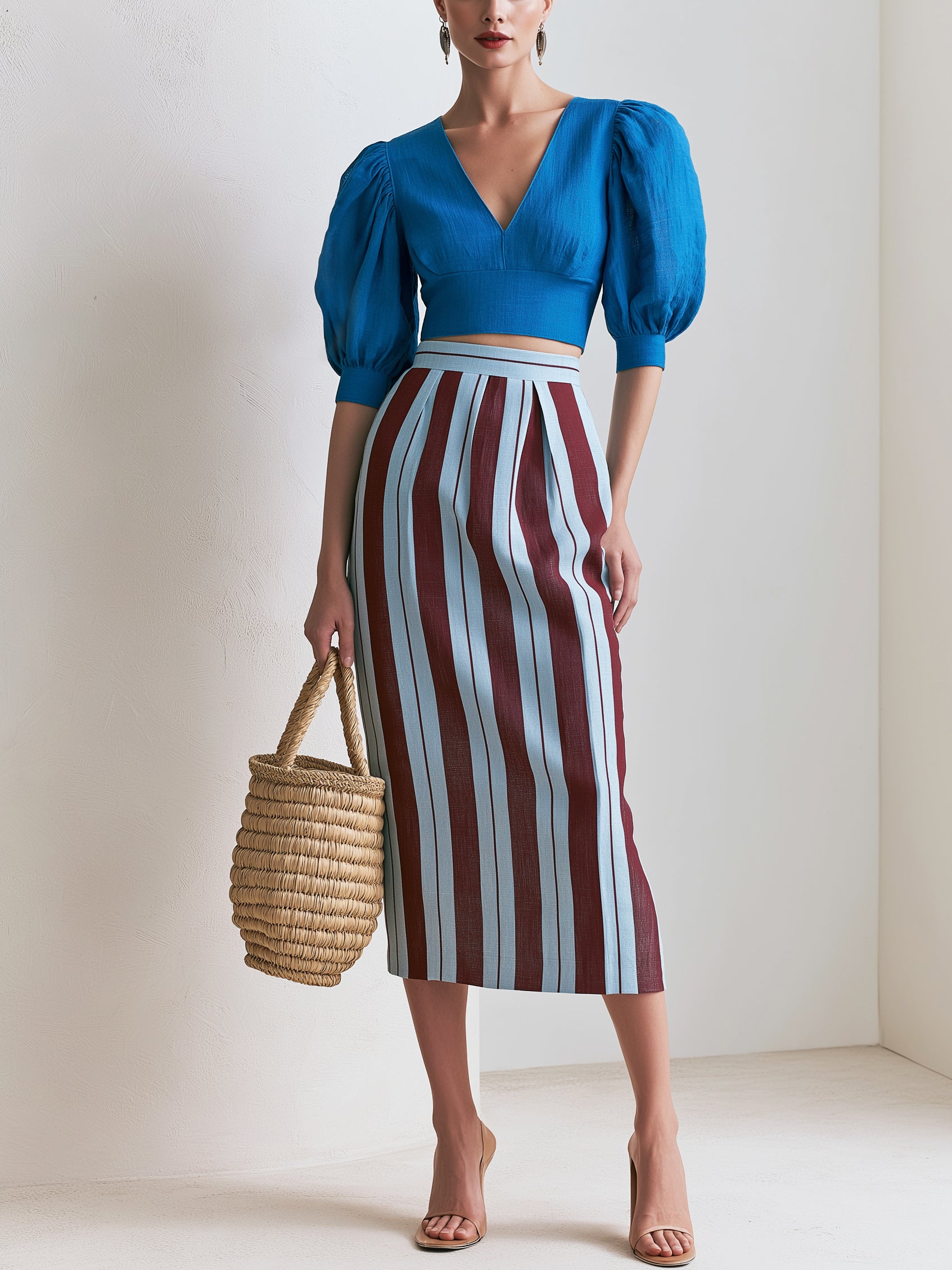 Elegant Set :Cobalt Blue Puff Sleeve Top & Striped Midi Skirt