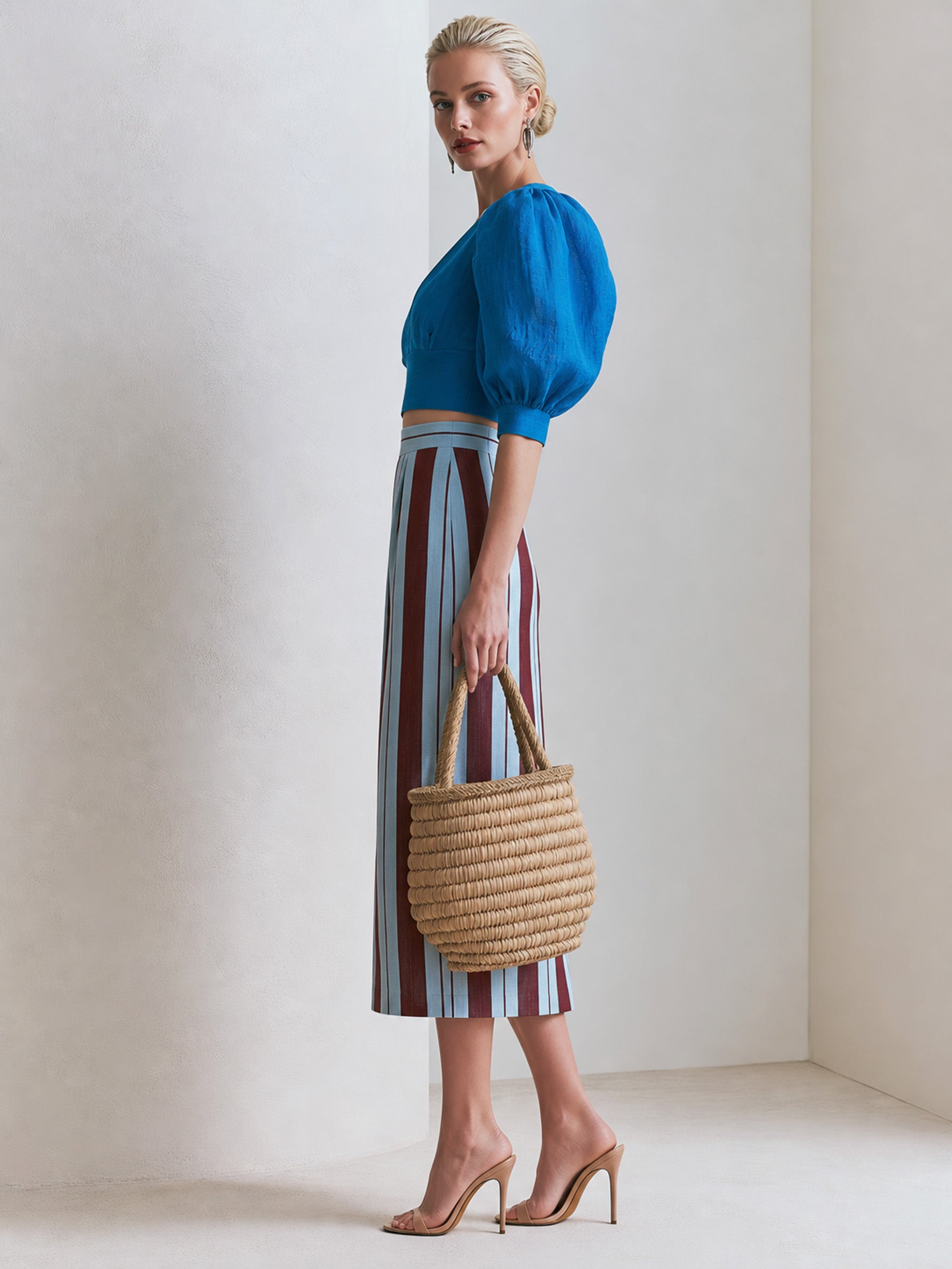 Elegant Set :Cobalt Blue Puff Sleeve Top & Striped Midi Skirt