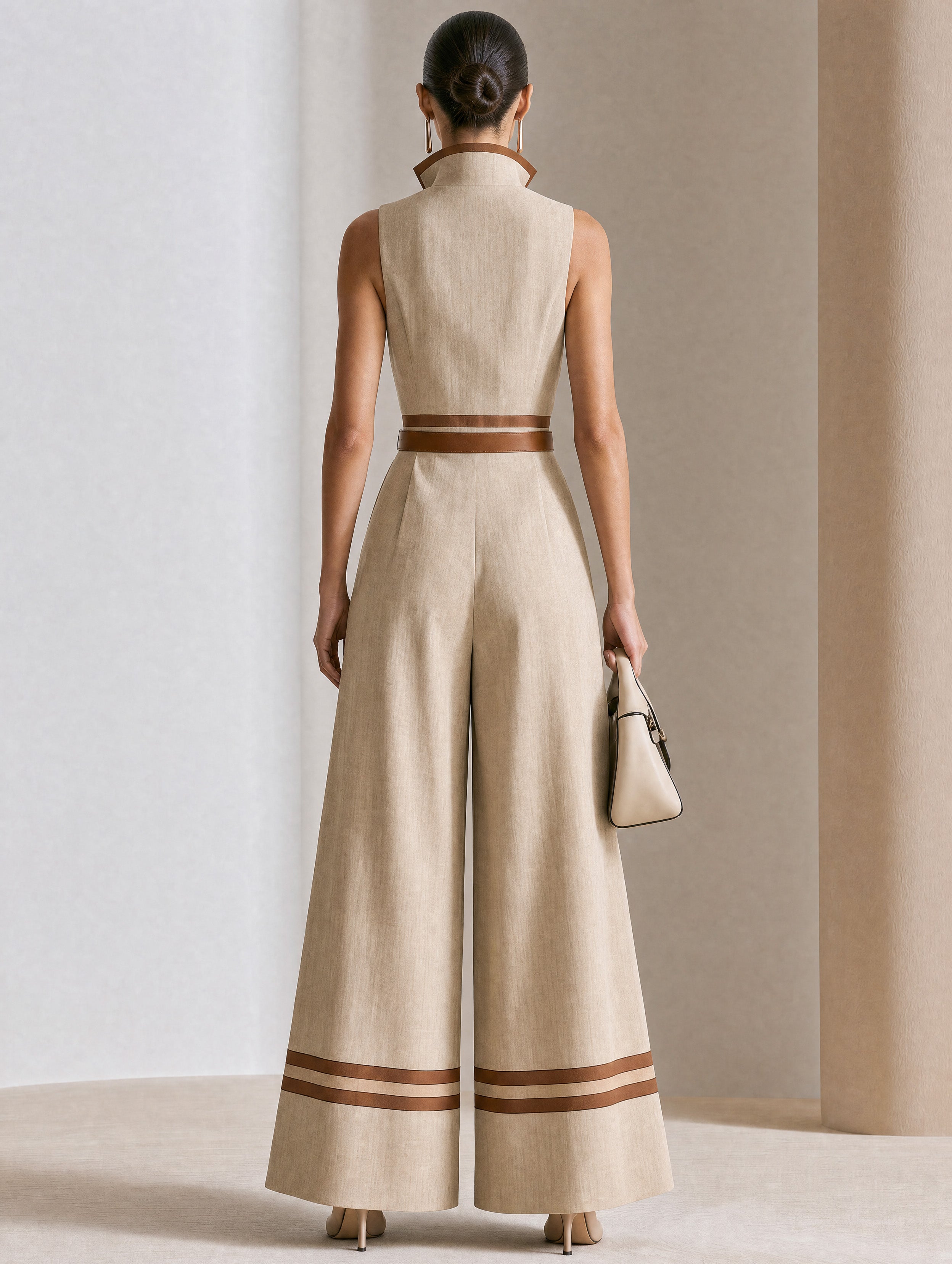 Elegant Commute Khaki Contrast V-Neck Wide-Leg Jumpsuit