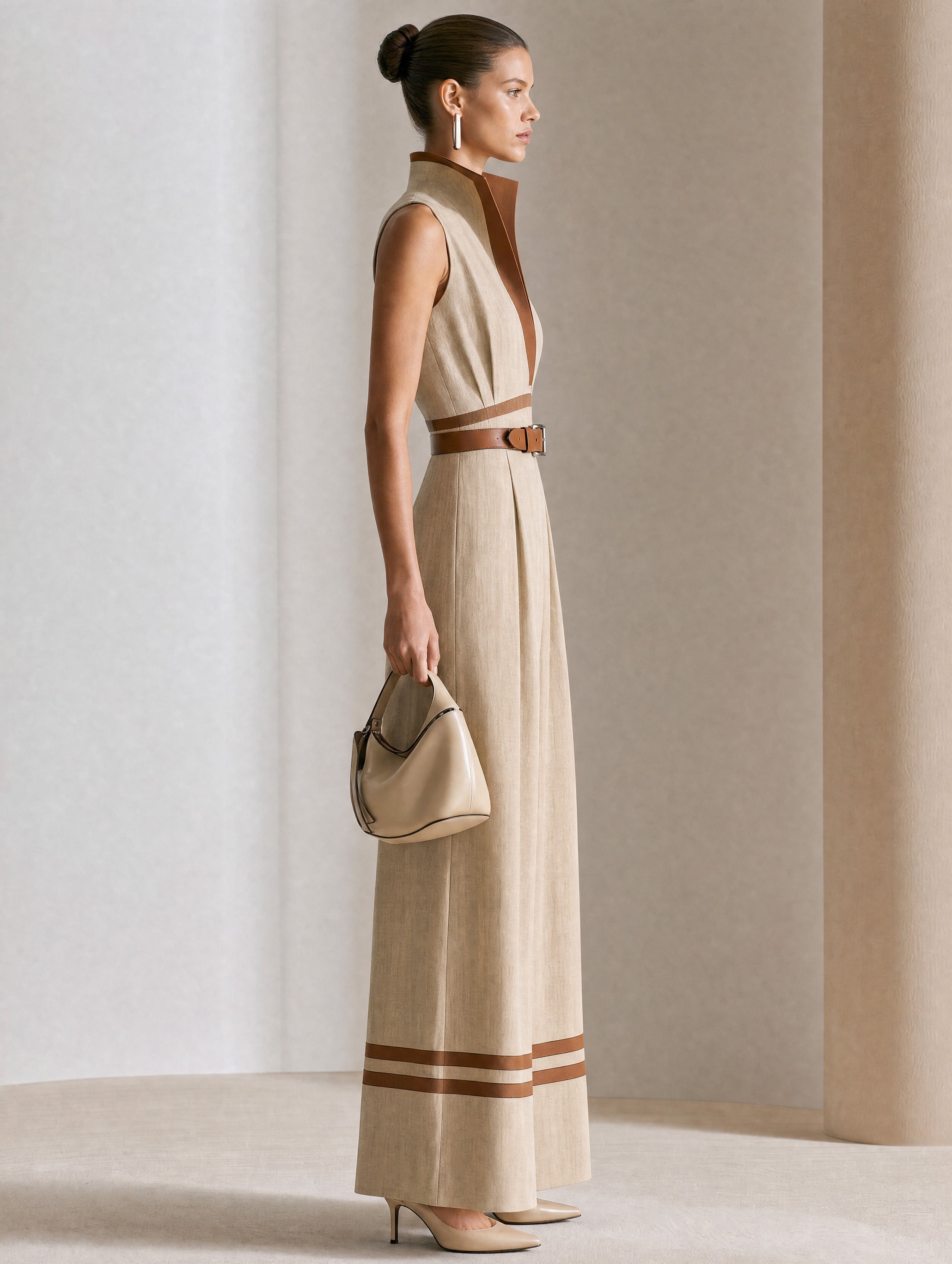 Elegant Commute Khaki Contrast V-Neck Wide-Leg Jumpsuit