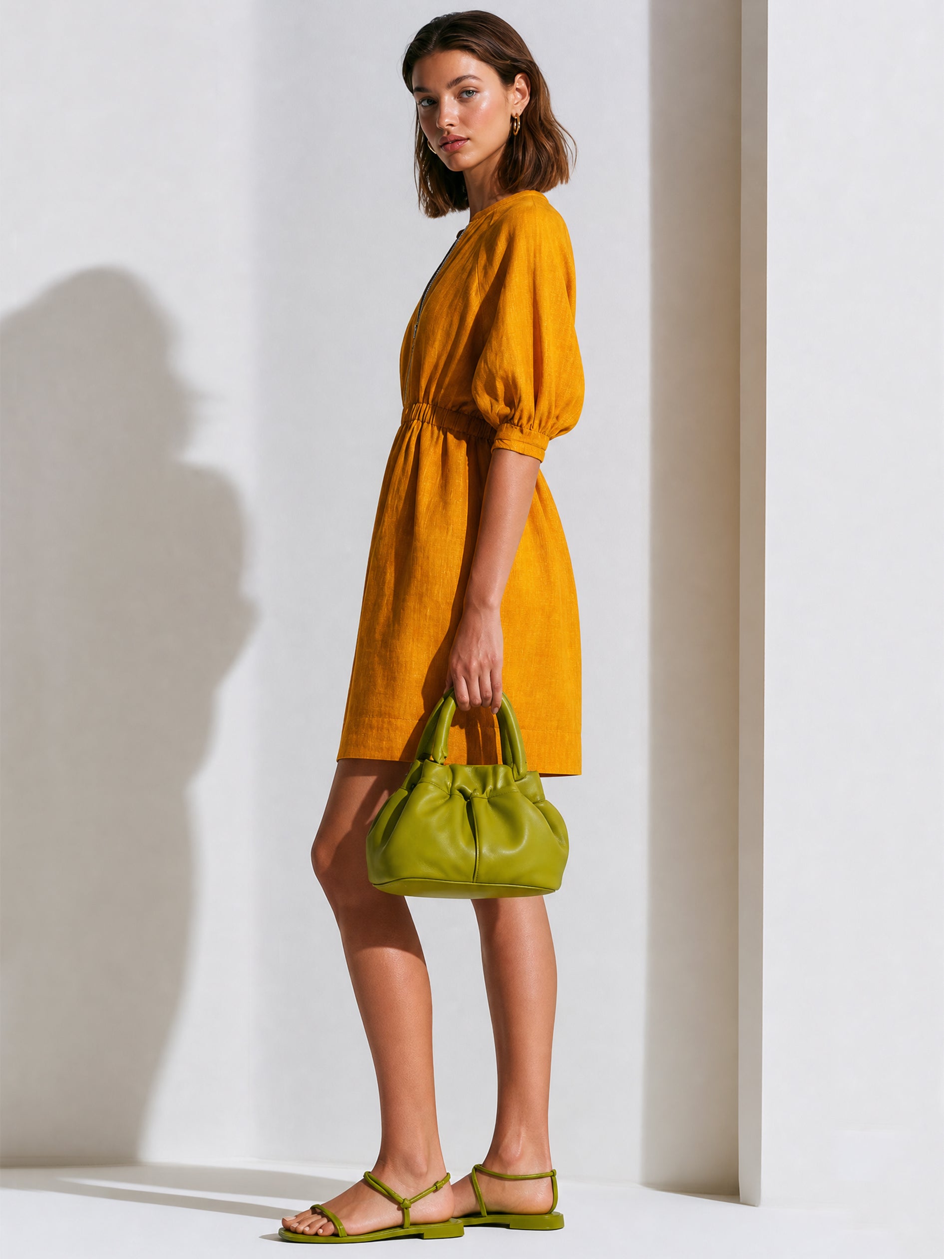 Linen Half-Zip Puff Sleeve Mini Dress With Elastic Waist