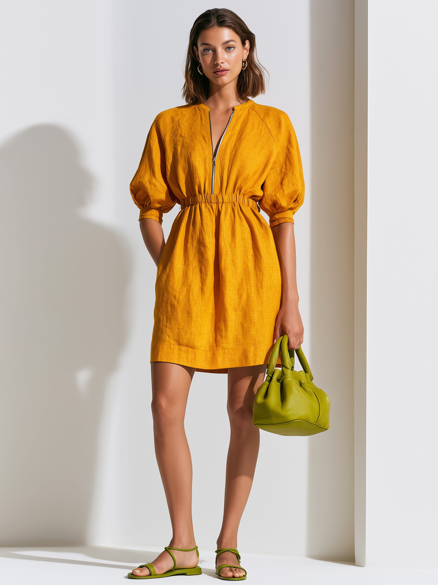Linen Half-Zip Puff Sleeve Mini Dress With Elastic Waist