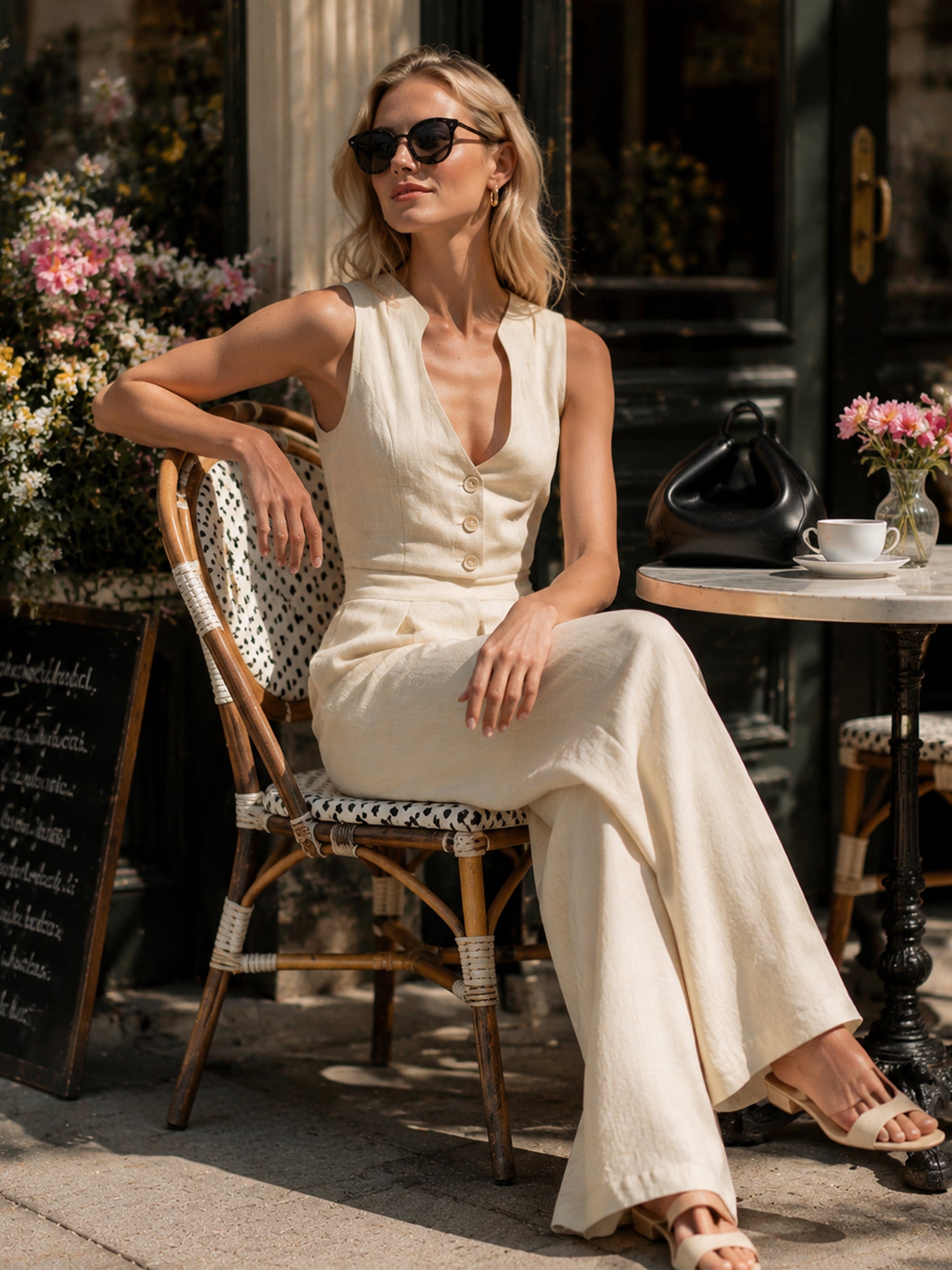Elegant Linen Sleeveless Jumpsuit : V-Neck & Full-Length Wide Legs