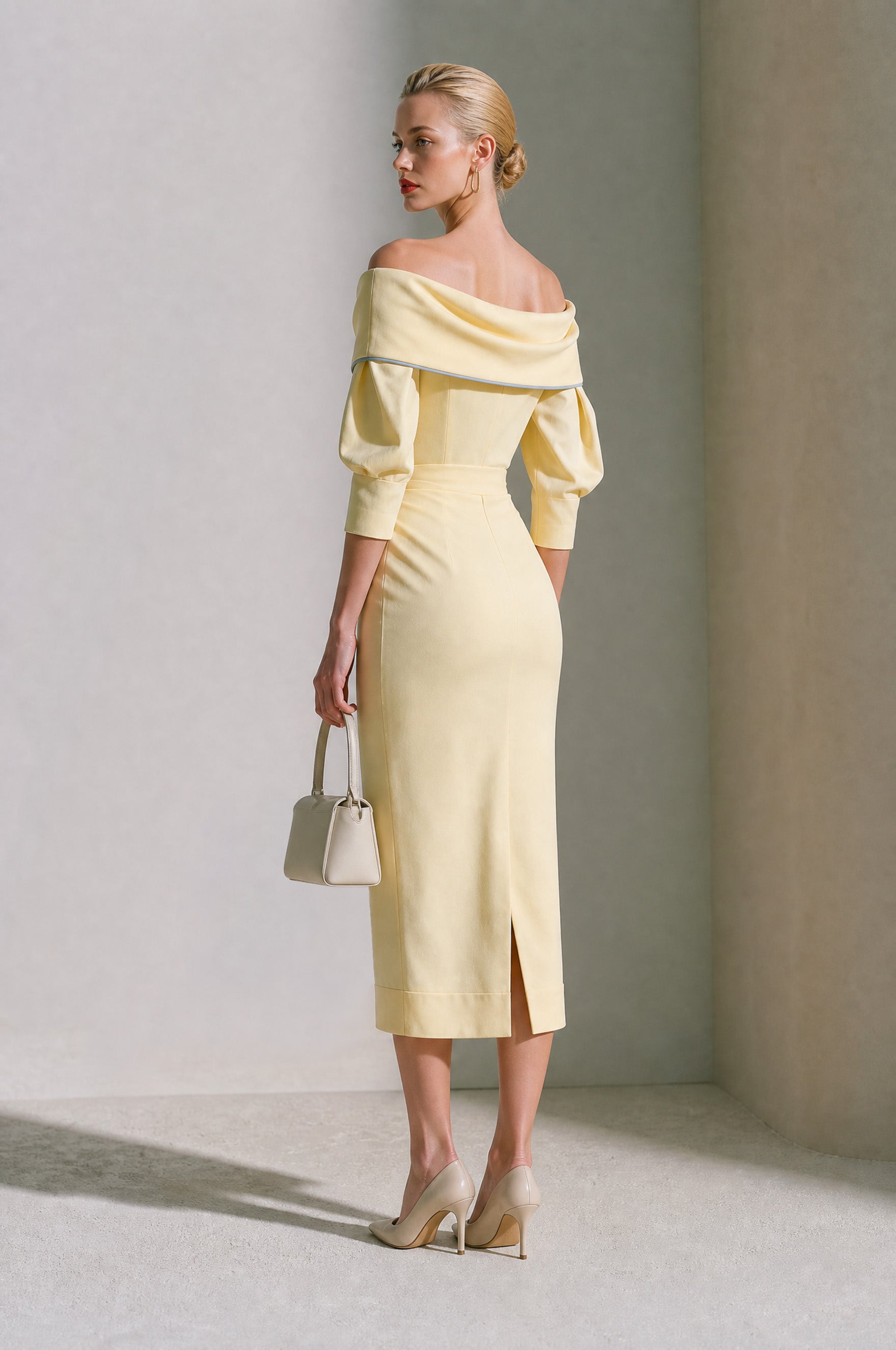 French Butter Yellow Off-Shoulder Midi Dress