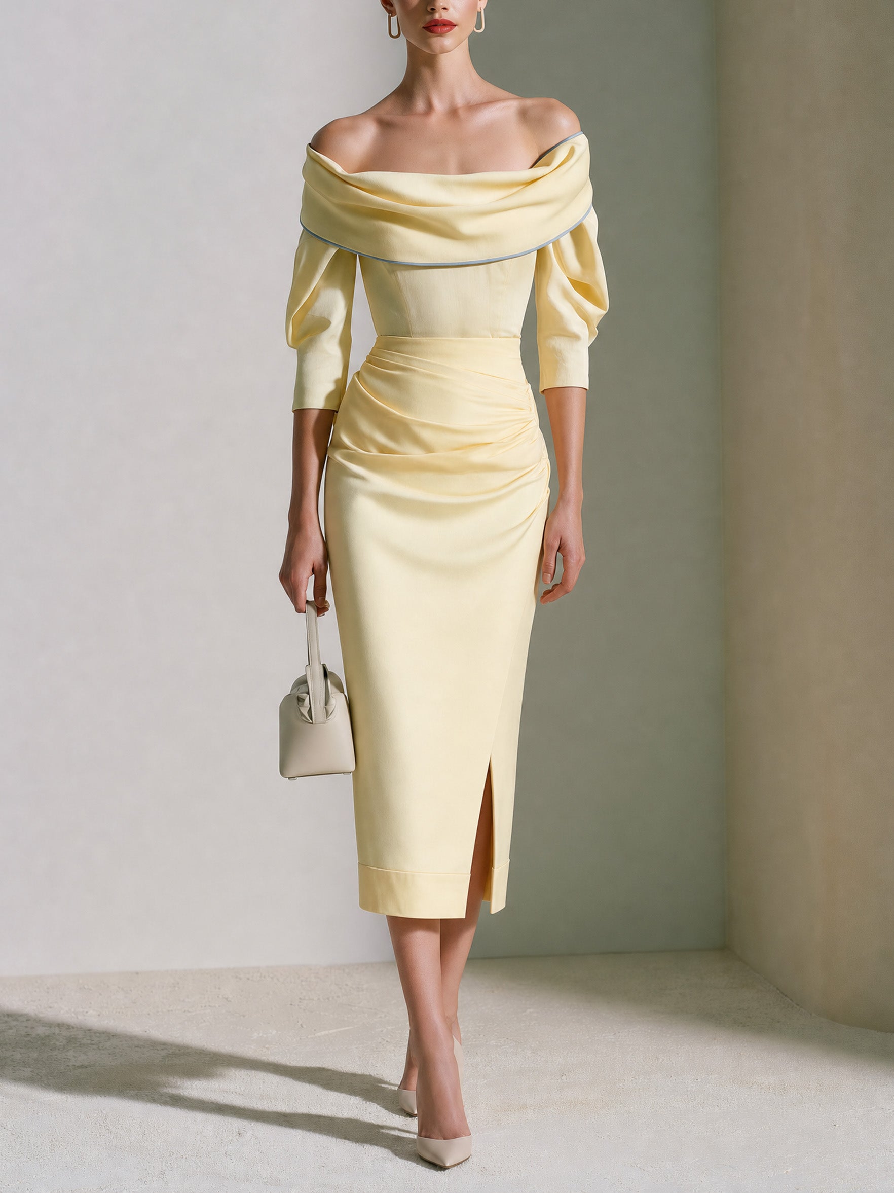 French Butter Yellow Off-Shoulder Midi Dress