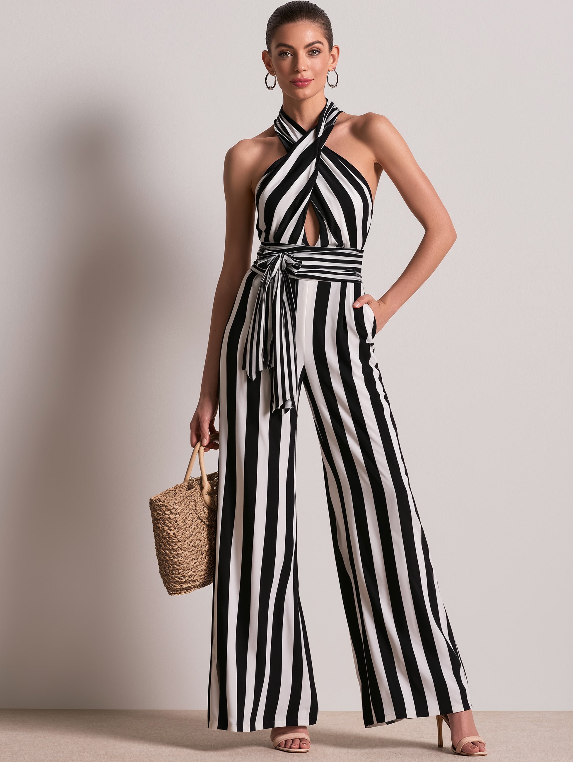 French Black & White Stripe Halter Relaxed Wide-Leg Jumpsuit