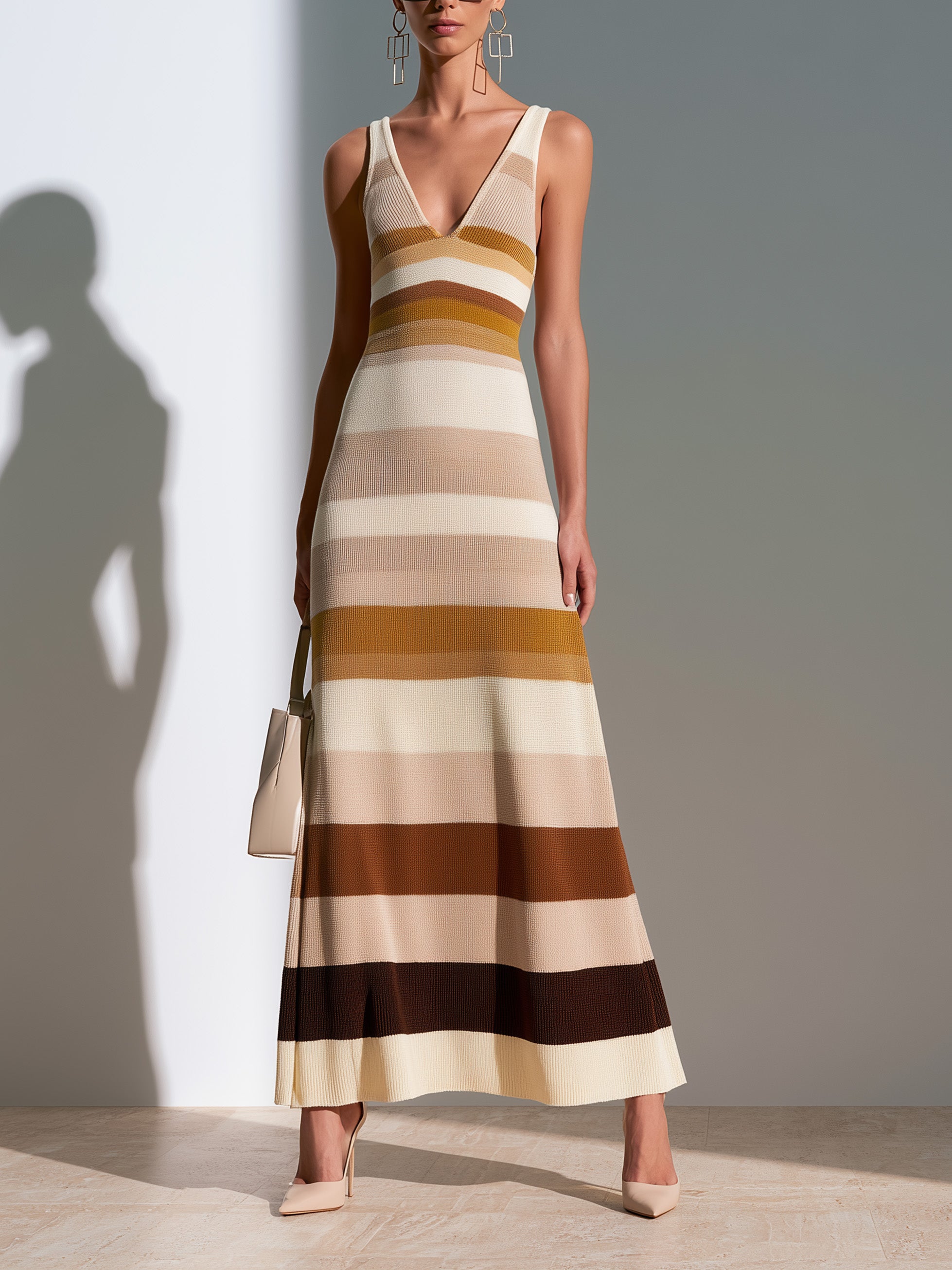 Earth-Tone Striped Knit Dress V-Neck Cami Maxi Dress