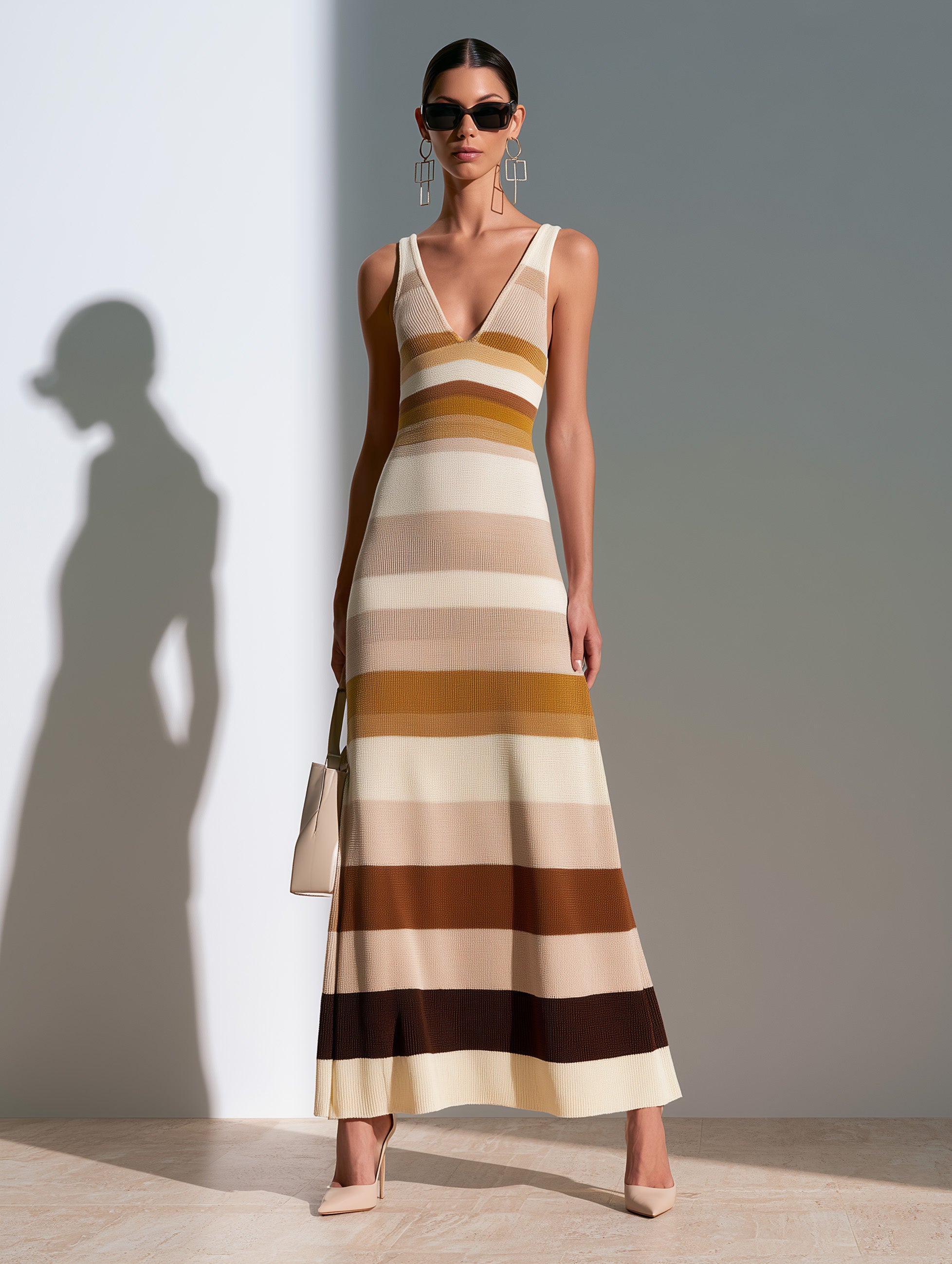 Earth-Tone Striped Knit Dress V-Neck Cami Maxi Dress