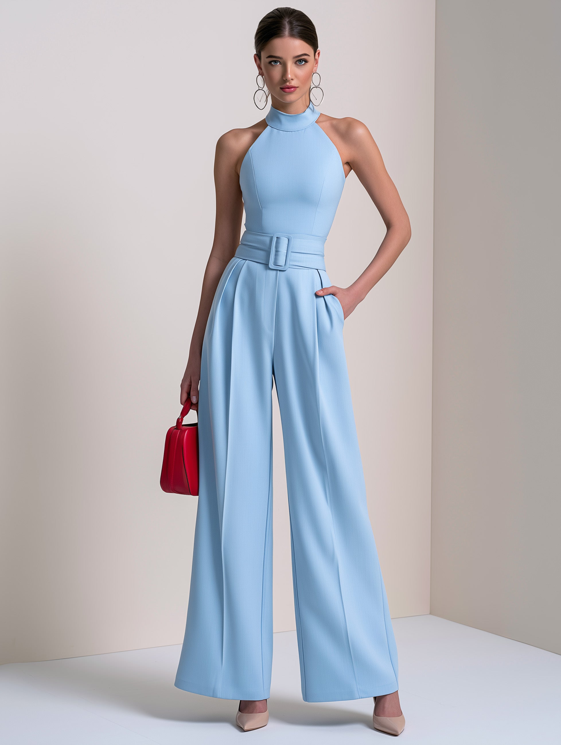 Baby Blue Solid Jumpsuit Halter Neck Belted Wide-Leg Pants