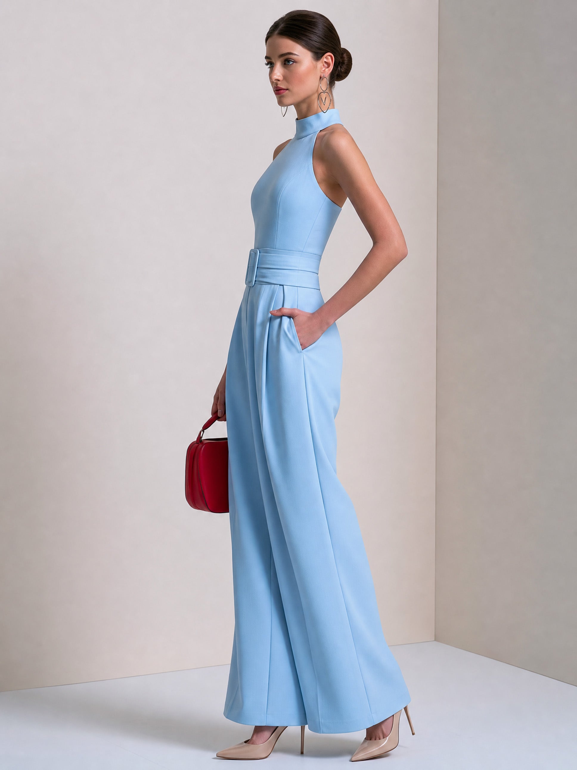Baby Blue Solid Jumpsuit Halter Neck Belted Wide-Leg Pants