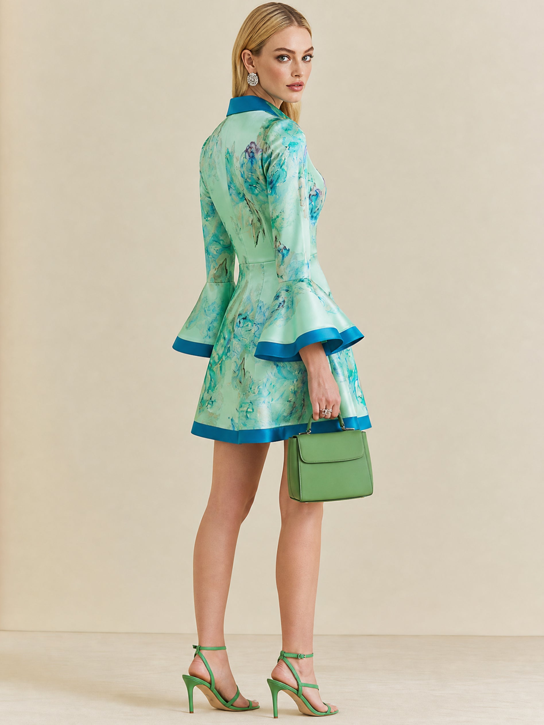 Elegant Floral Print Satin Shirt Dress With Contrast Trim