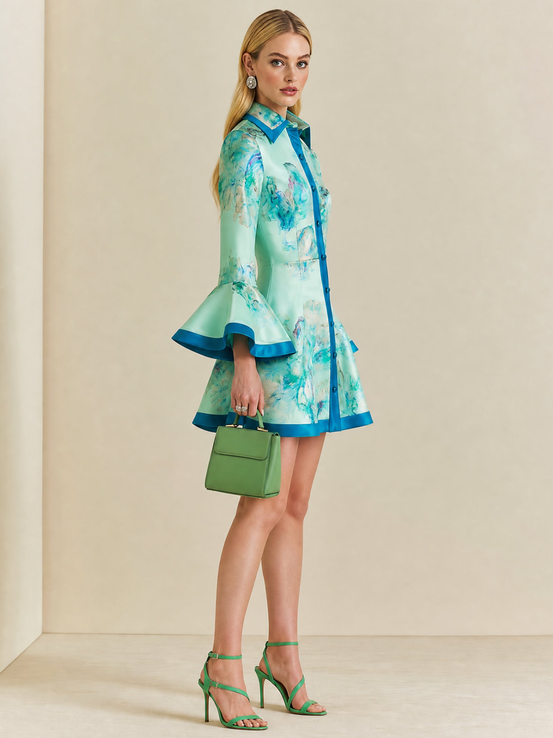 Elegant Floral Print Satin Shirt Dress With Contrast Trim