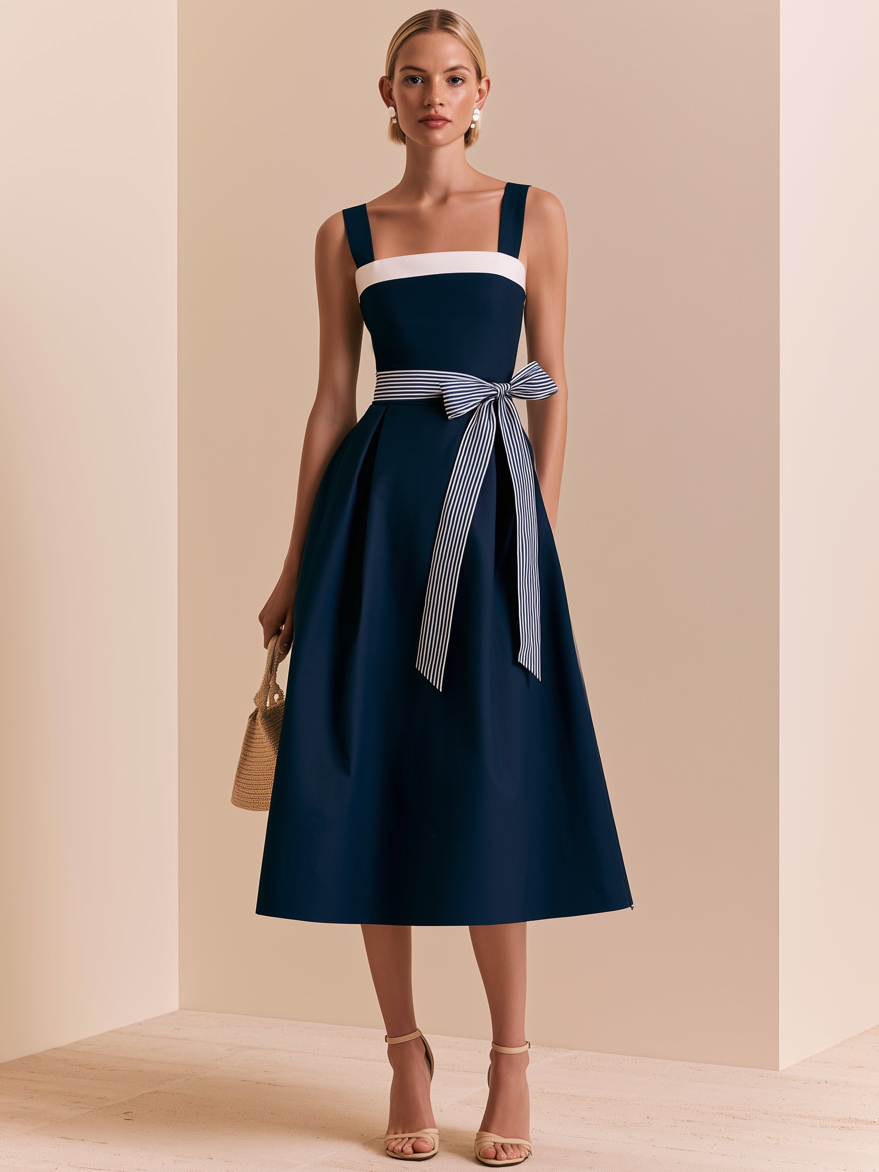 Square Neck Sleeveless A-Line Midi Dress with Striped Bow Belt
