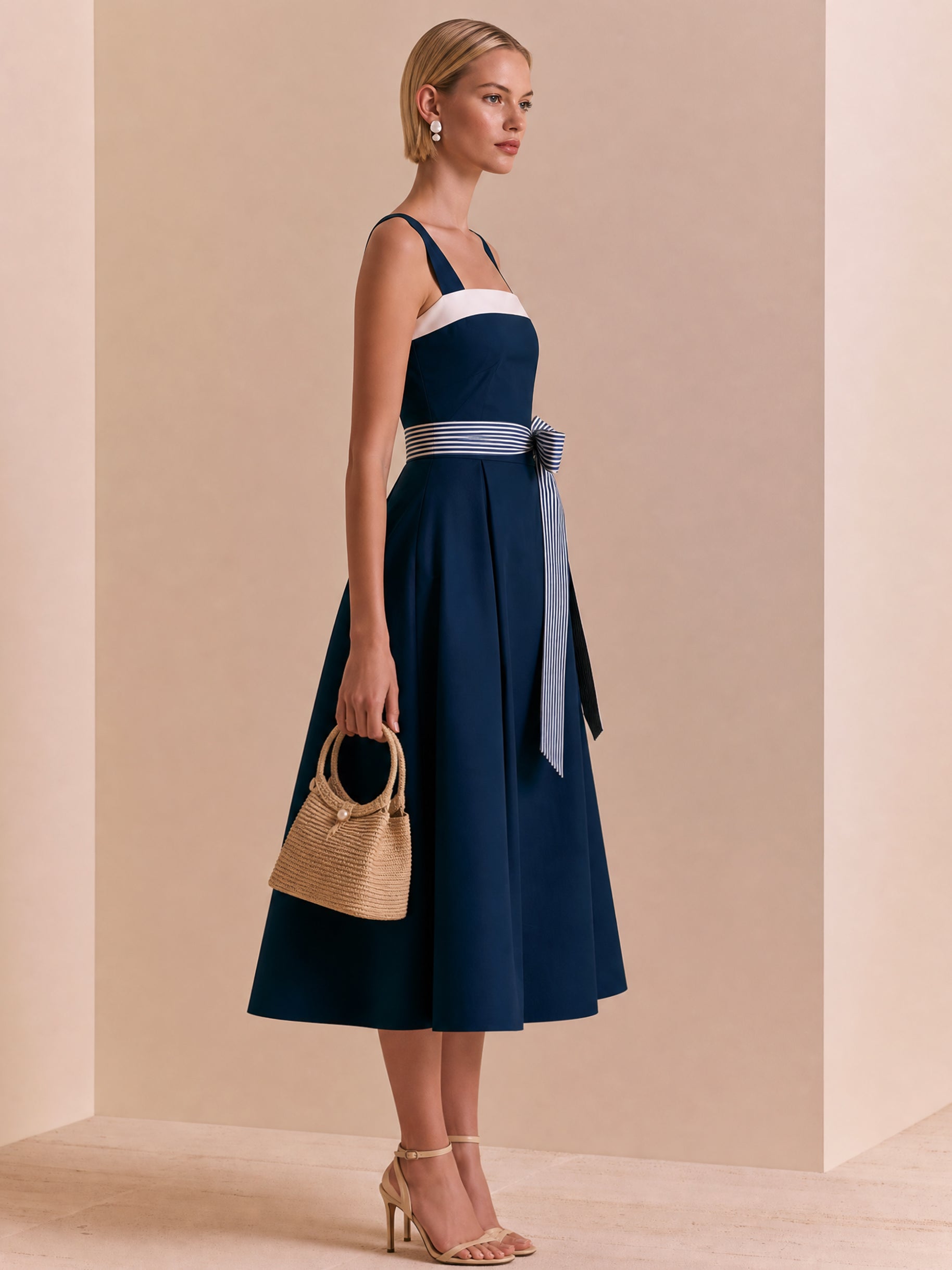 Square Neck Sleeveless A-Line Midi Dress with Striped Bow Belt