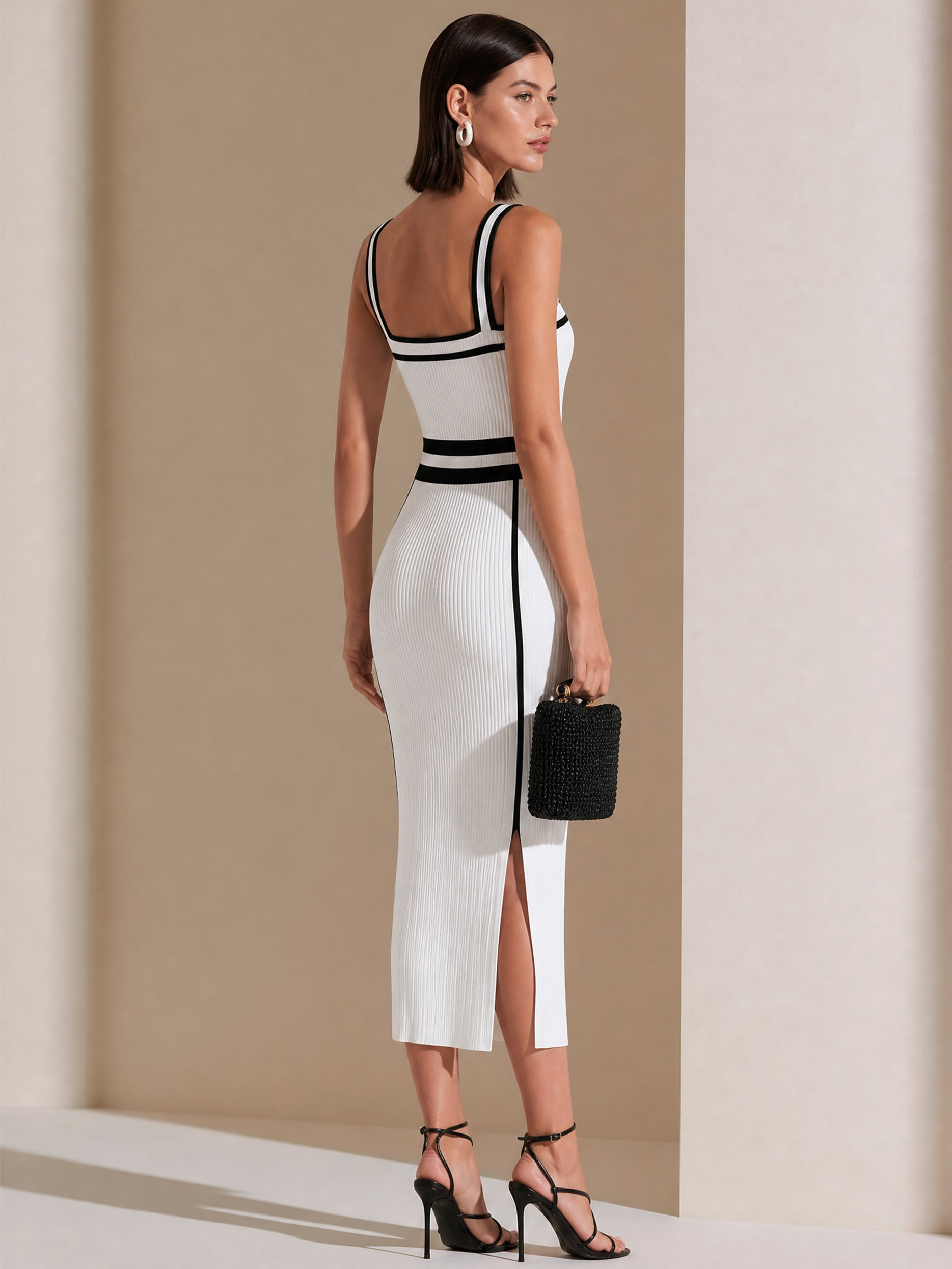 Contrast Trim Knit Bodycon Midi Dress With Side Slit