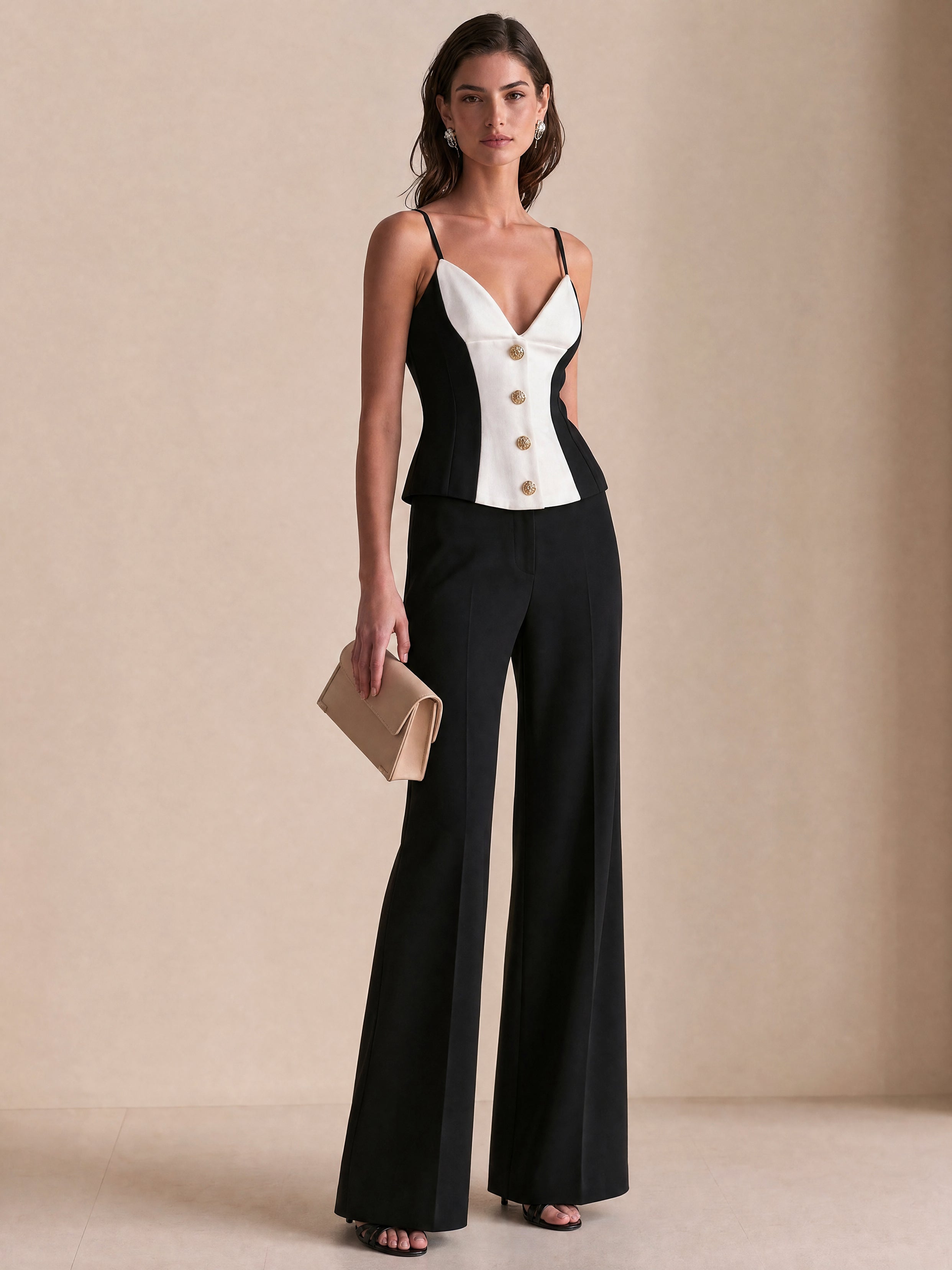 Contrast Color Corset Cami Top and Wide Leg Pants Two-Piece Set