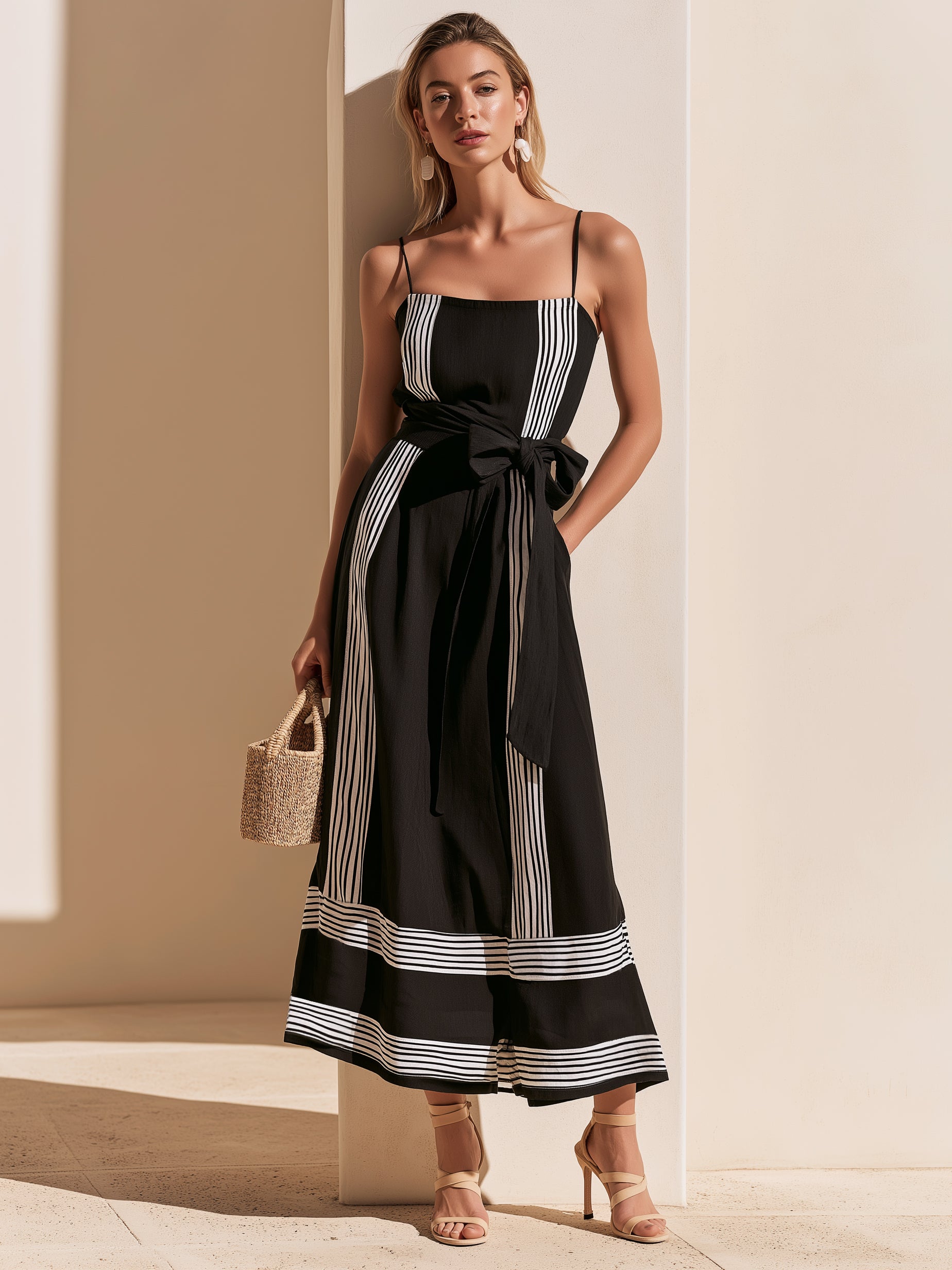 Striped Border Print Spaghetti Strap Maxi Dress with Tie Waist