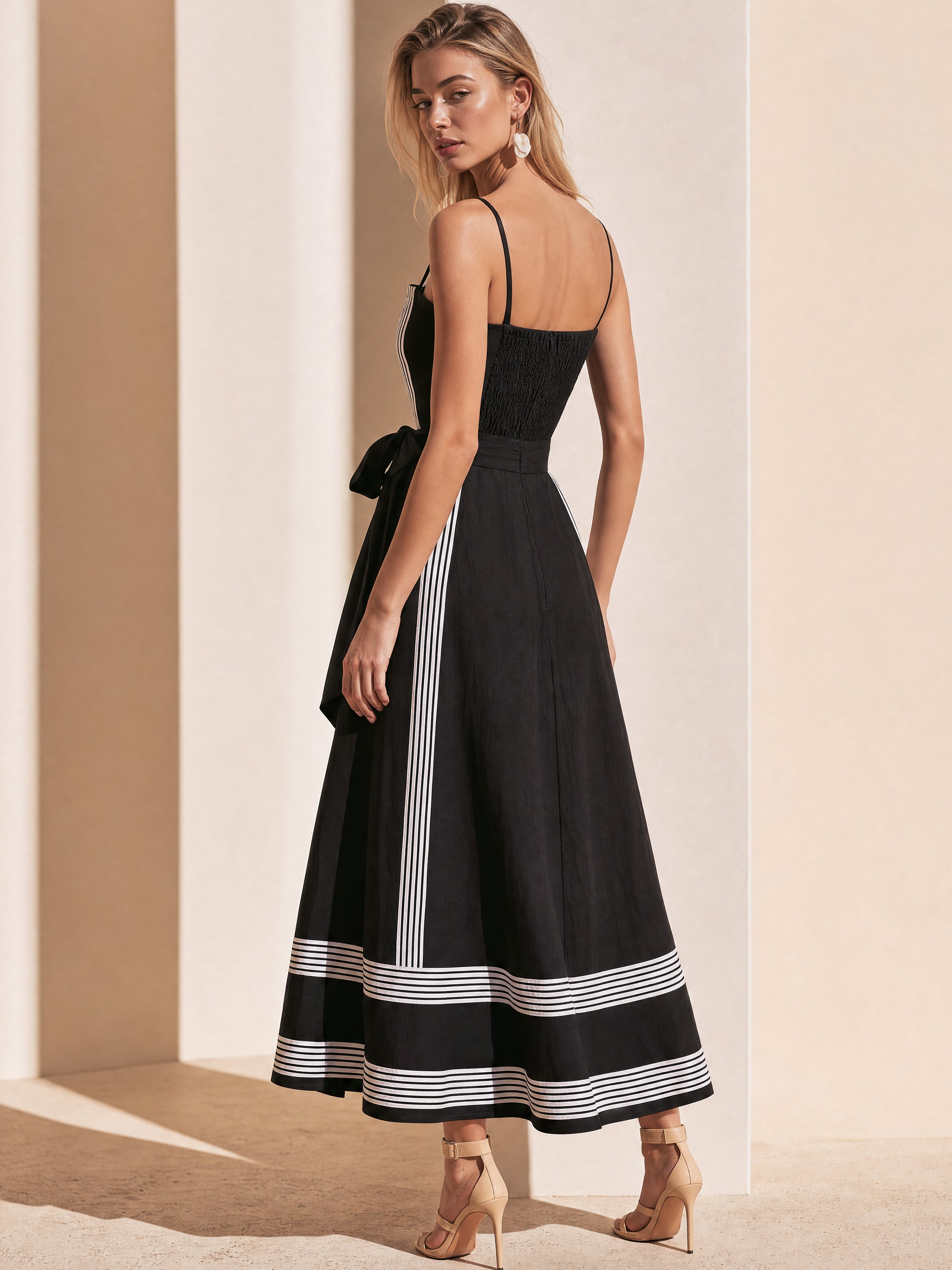 Striped Border Print Spaghetti Strap Maxi Dress with Tie Waist