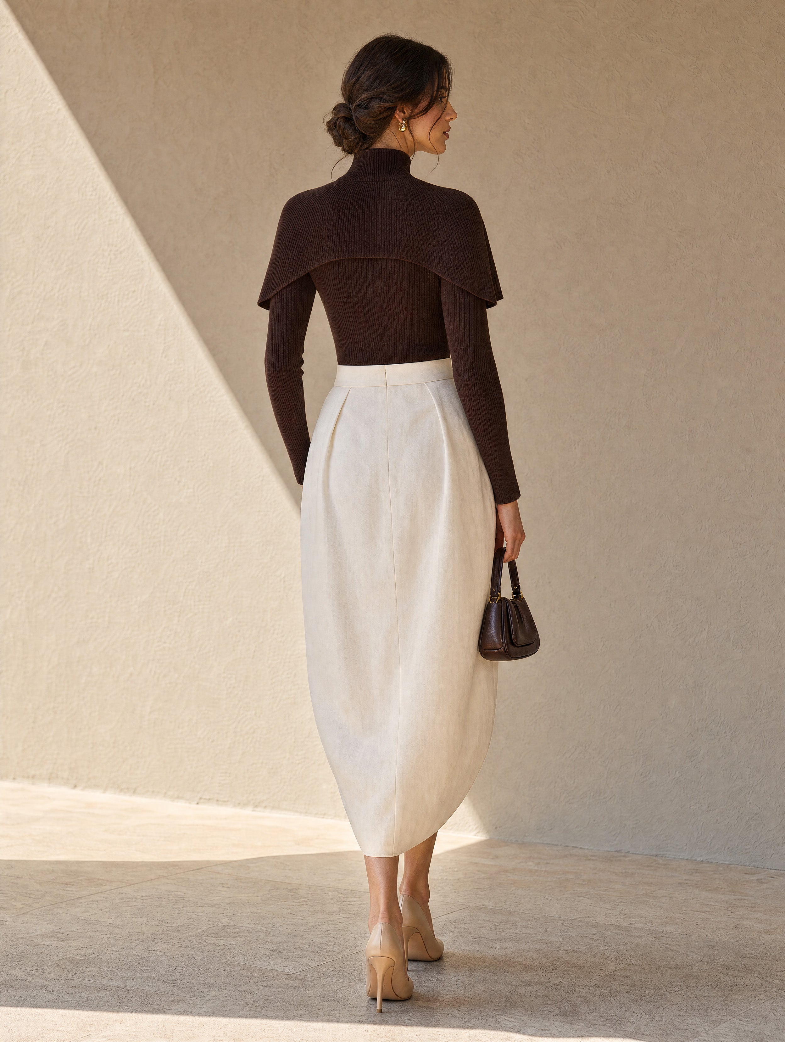 Elegant Turtleneck Cape Knit Top &High-Waist Slit Midi Skirt Set