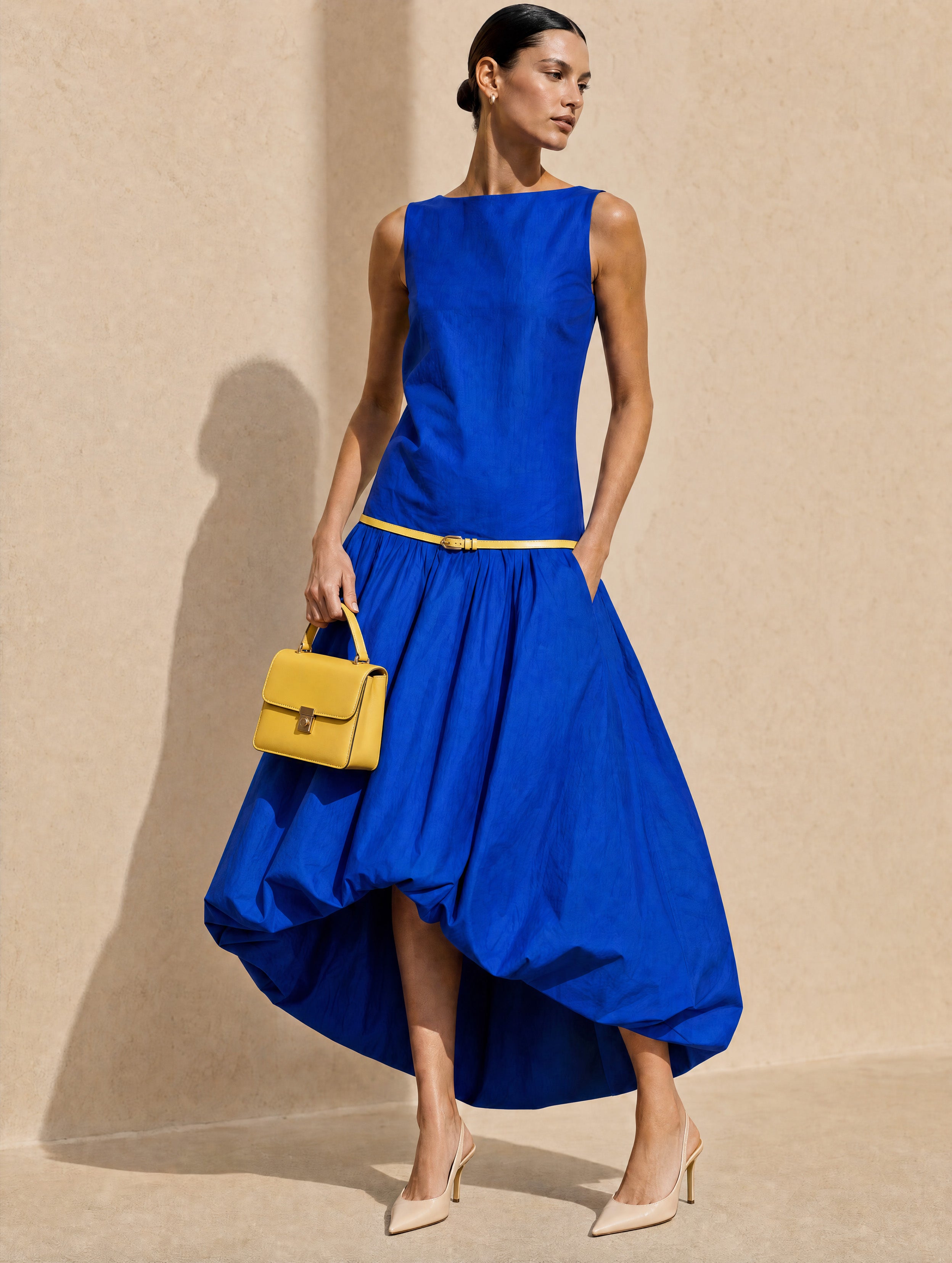 French Artistic Cobalt Blue Dress Belted Bubble Hem Midi Dress