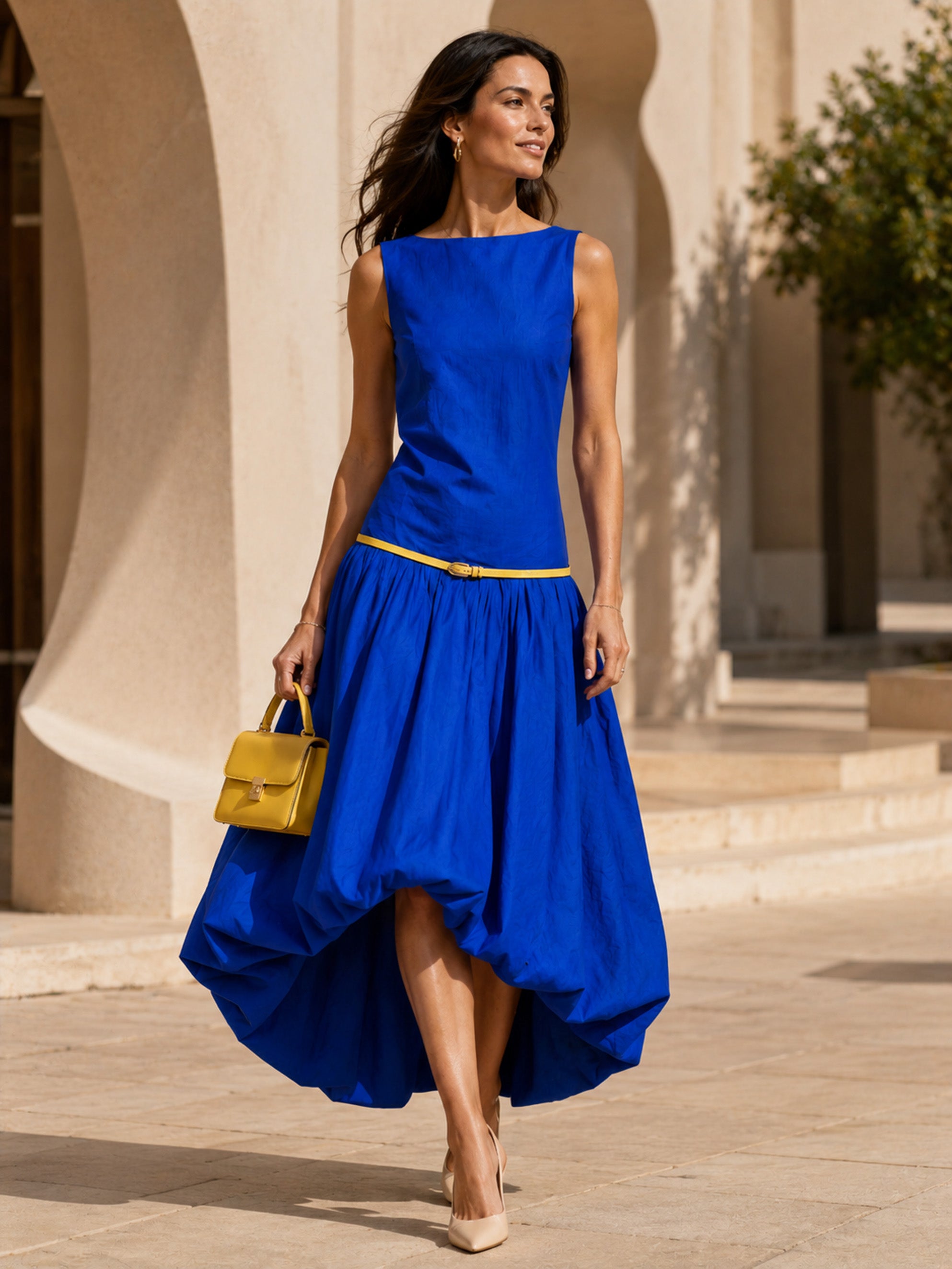 French Artistic Cobalt Blue Dress Belted Bubble Hem Midi Dress