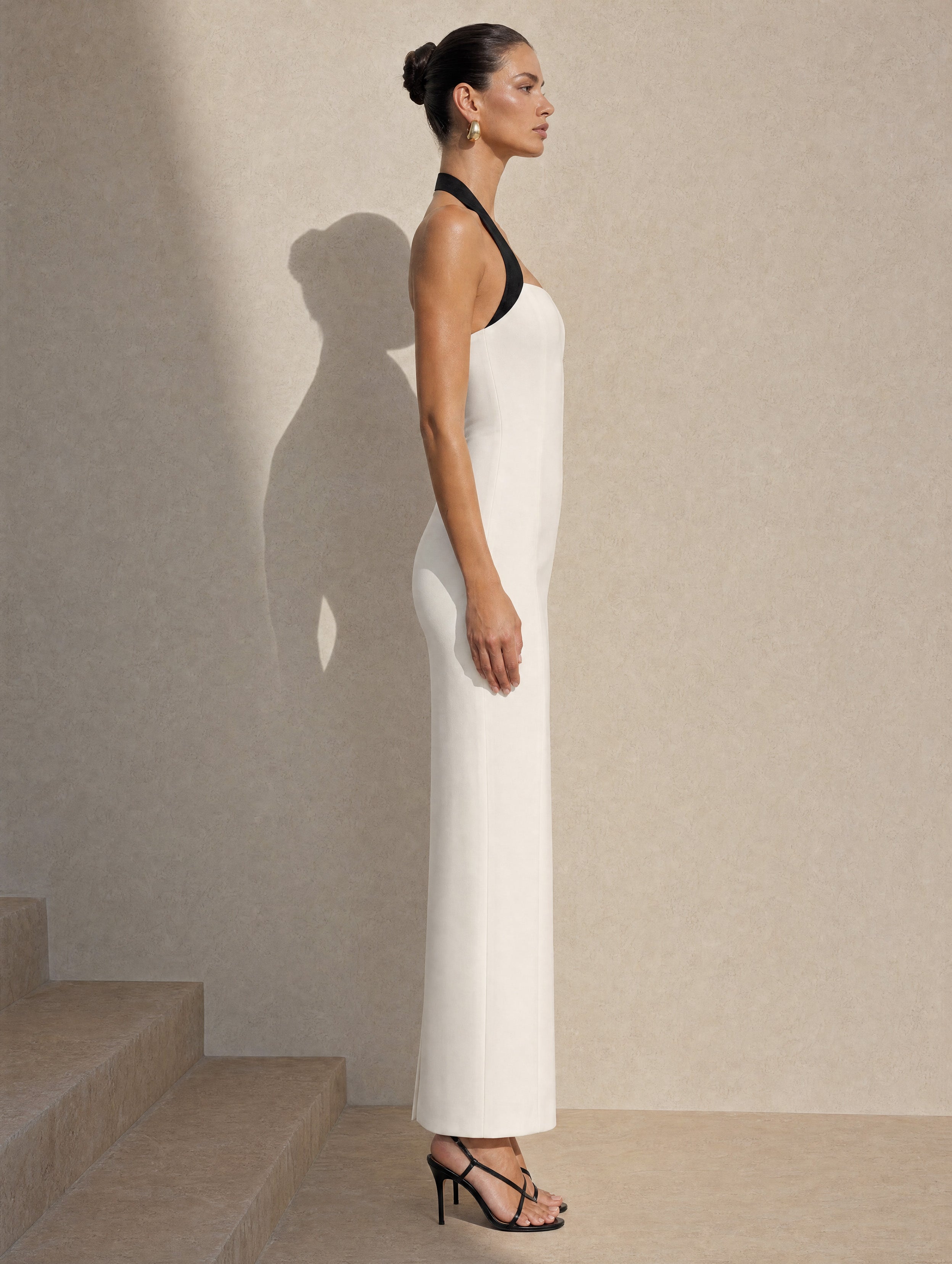 Minimalist Premium Halter Maxi Dress Black White Contrast Fitted Gown