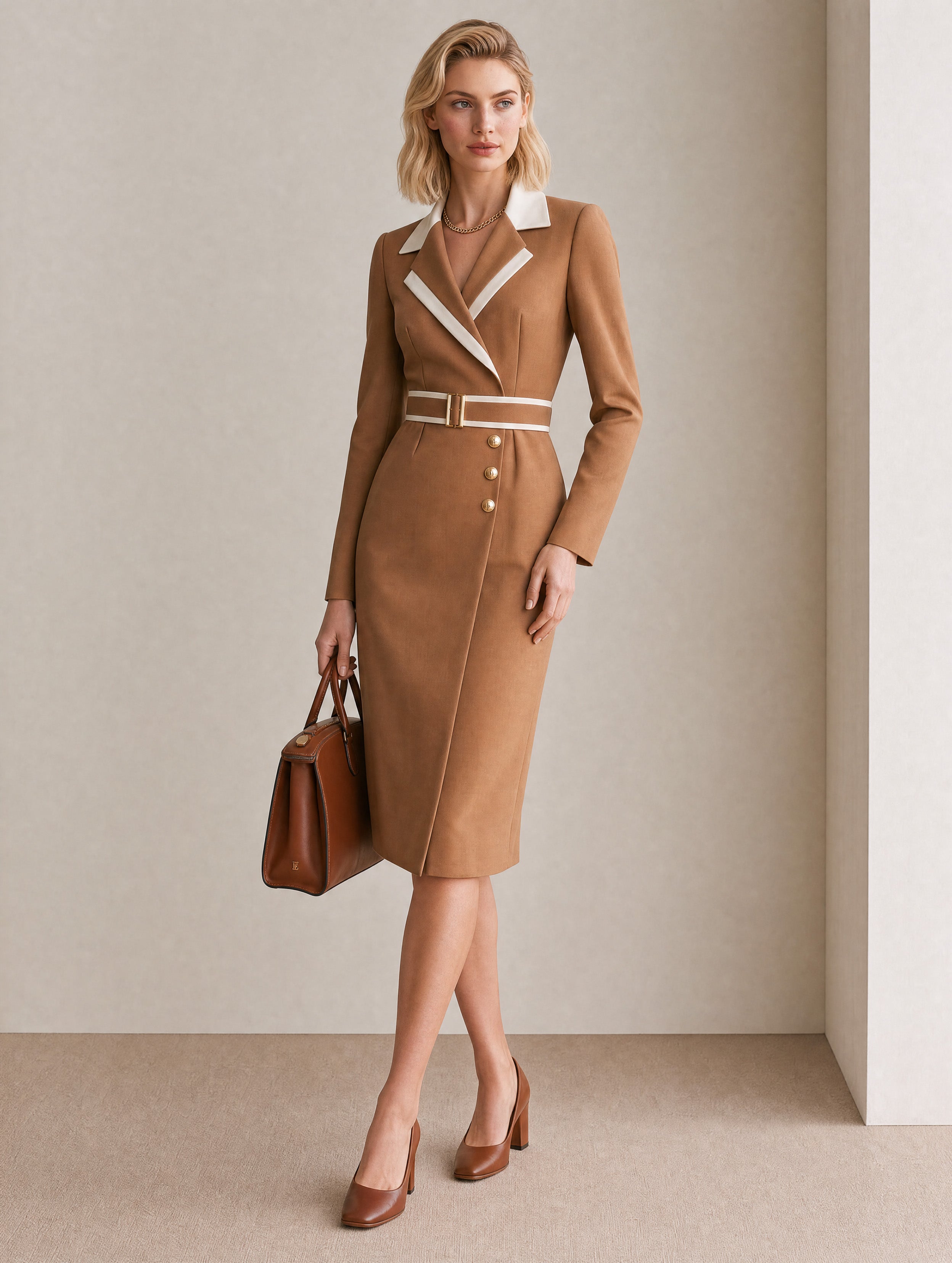 Old Money Camel Blazer Dress Contrast Collar Belted Work Dress