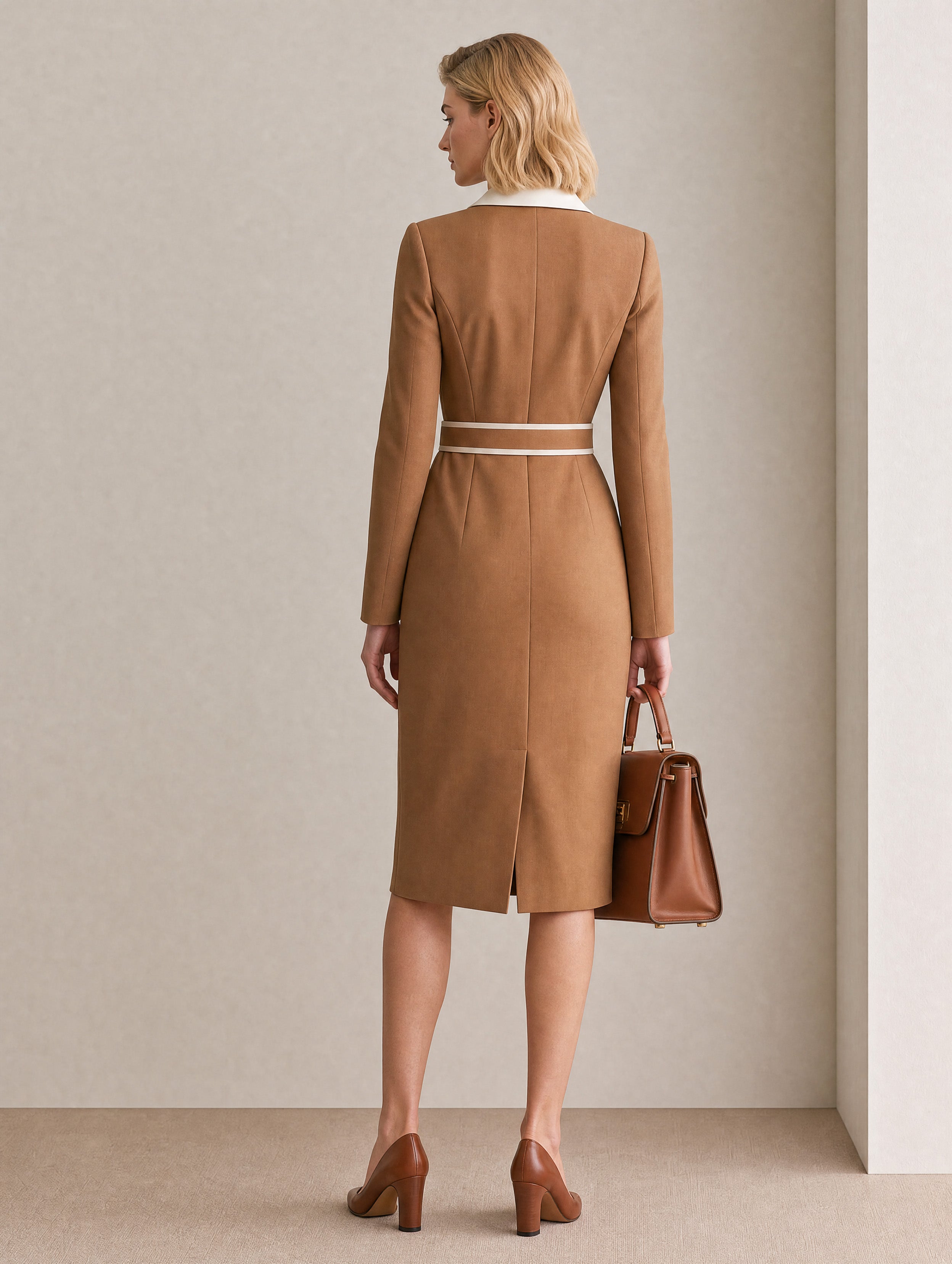Old Money Camel Blazer Dress Contrast Collar Belted Work Dress
