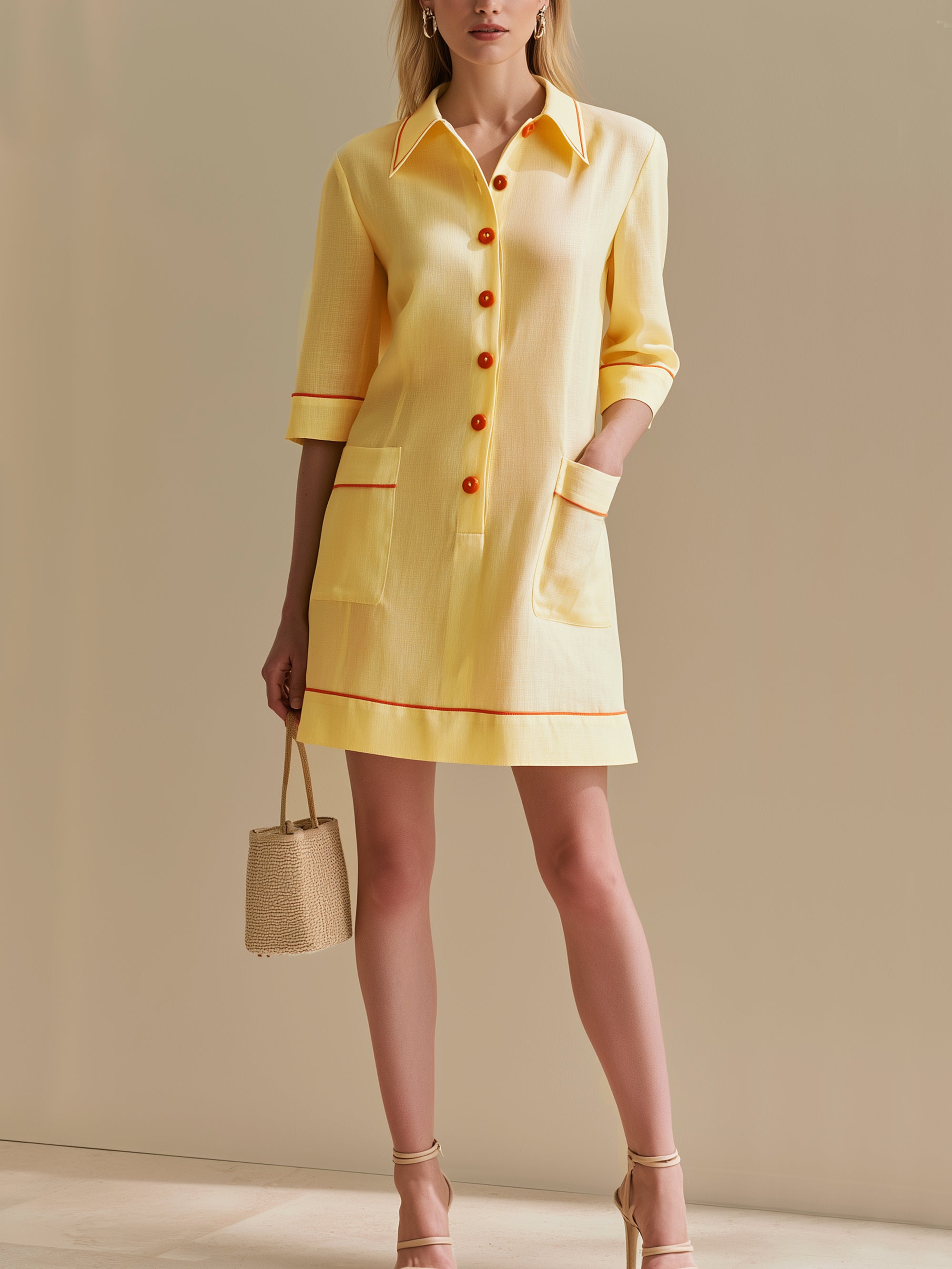 Linen Creamy Yellow Shift Dress With Orange Contrast Piped
