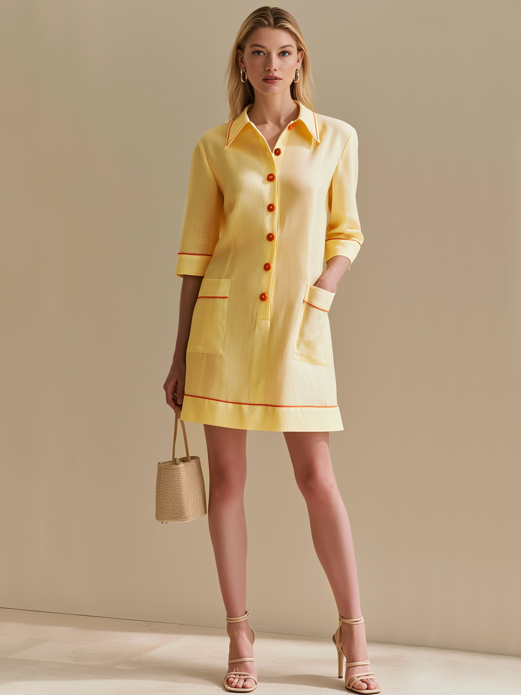 Linen Creamy Yellow Shift Dress With Orange Contrast Piped
