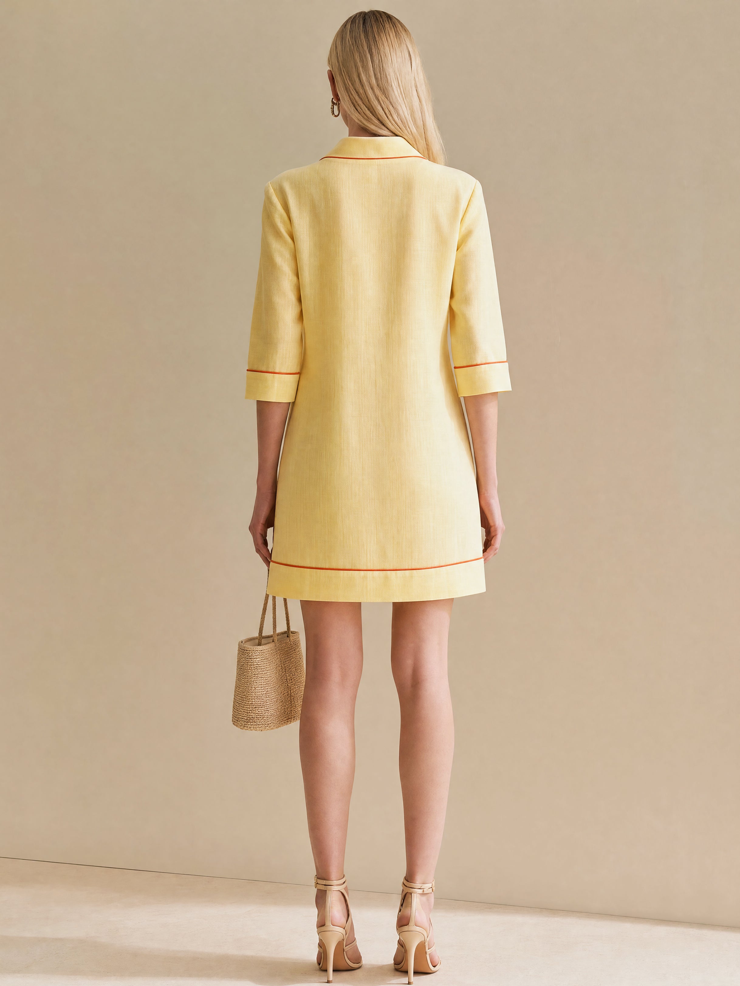 Linen Creamy Yellow Shift Dress With Orange Contrast Piped