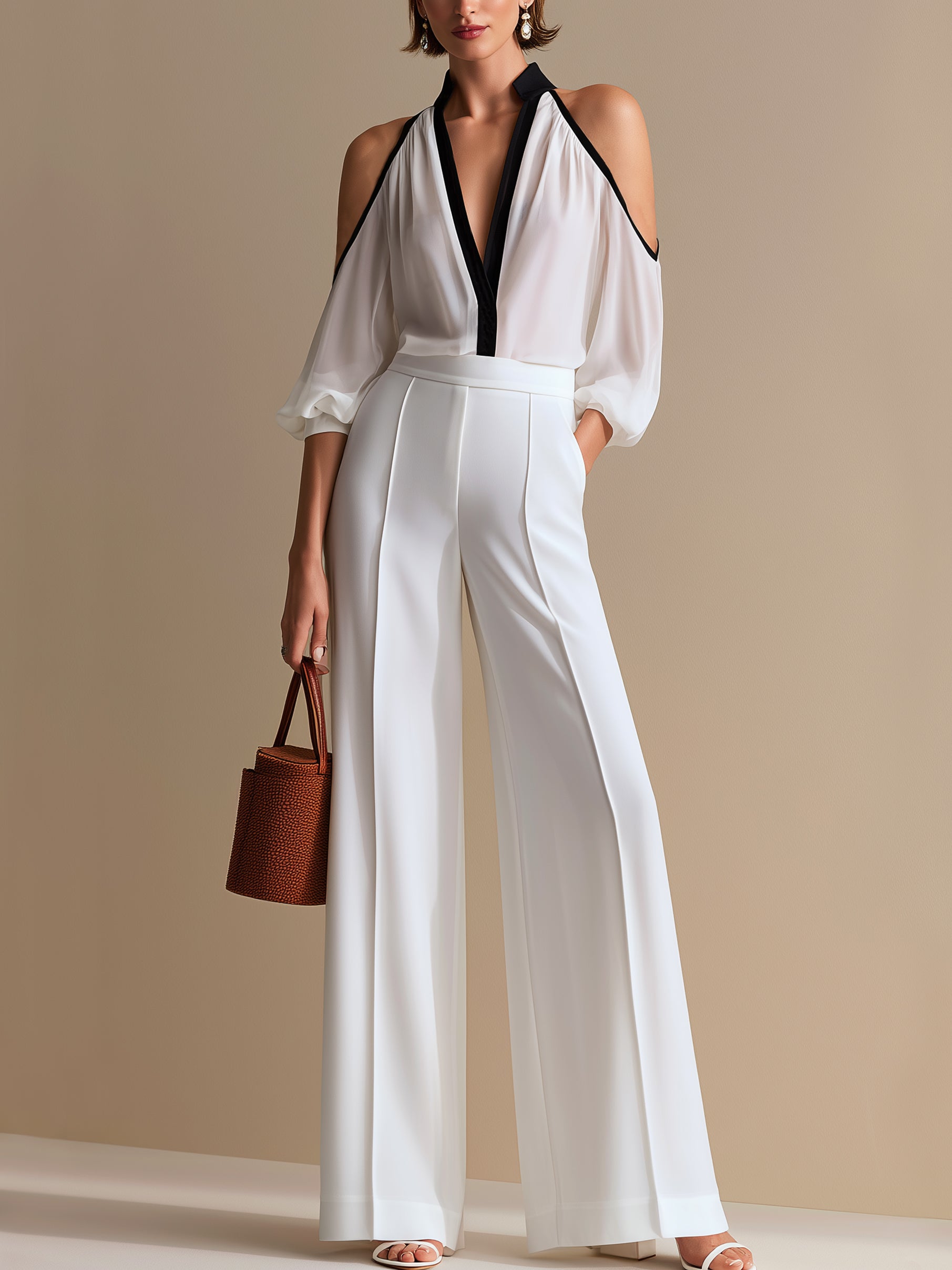 Chiffon Halter Cold Shoulder Blouse &Wide Leg Trousers Set