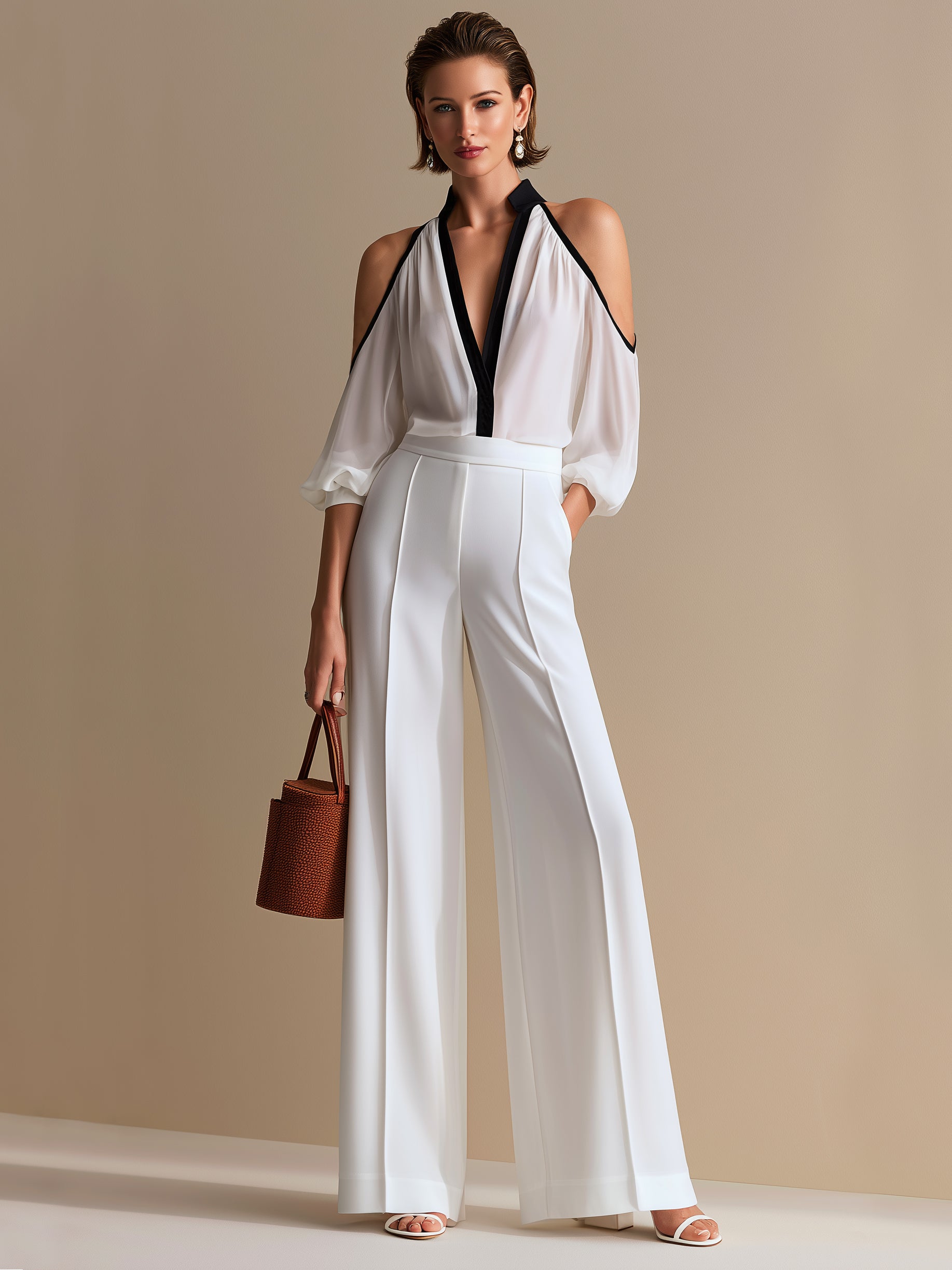 Chiffon Halter Cold Shoulder Blouse &Wide Leg Trousers Set