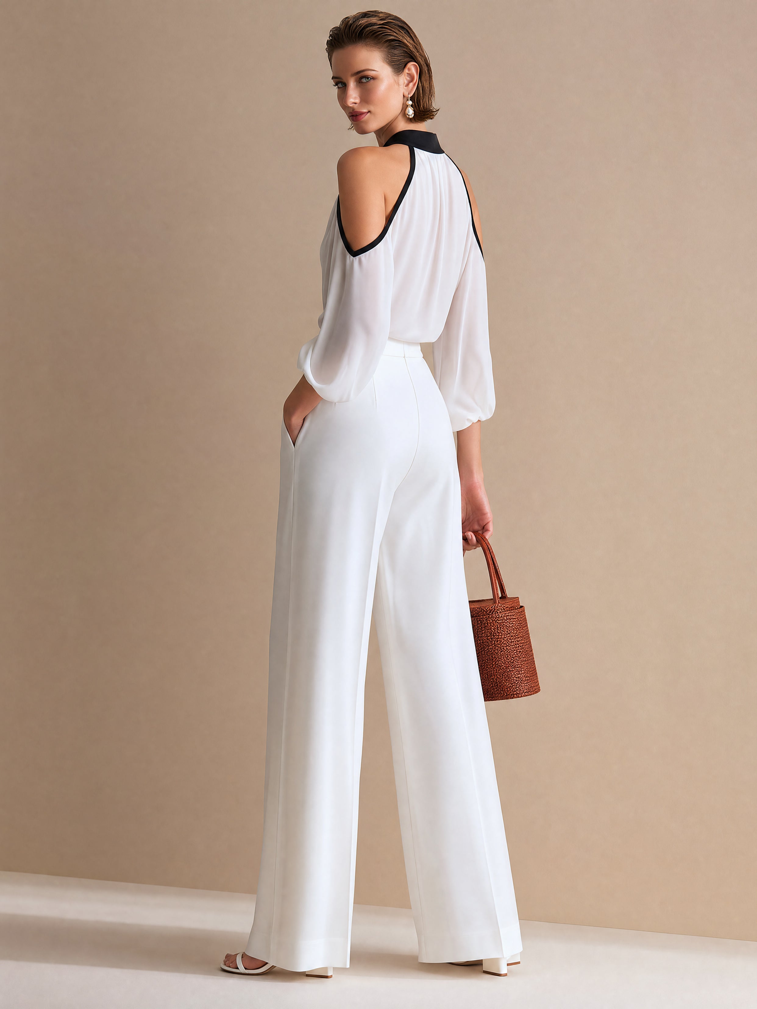Chiffon Halter Cold Shoulder Blouse &Wide Leg Trousers Set