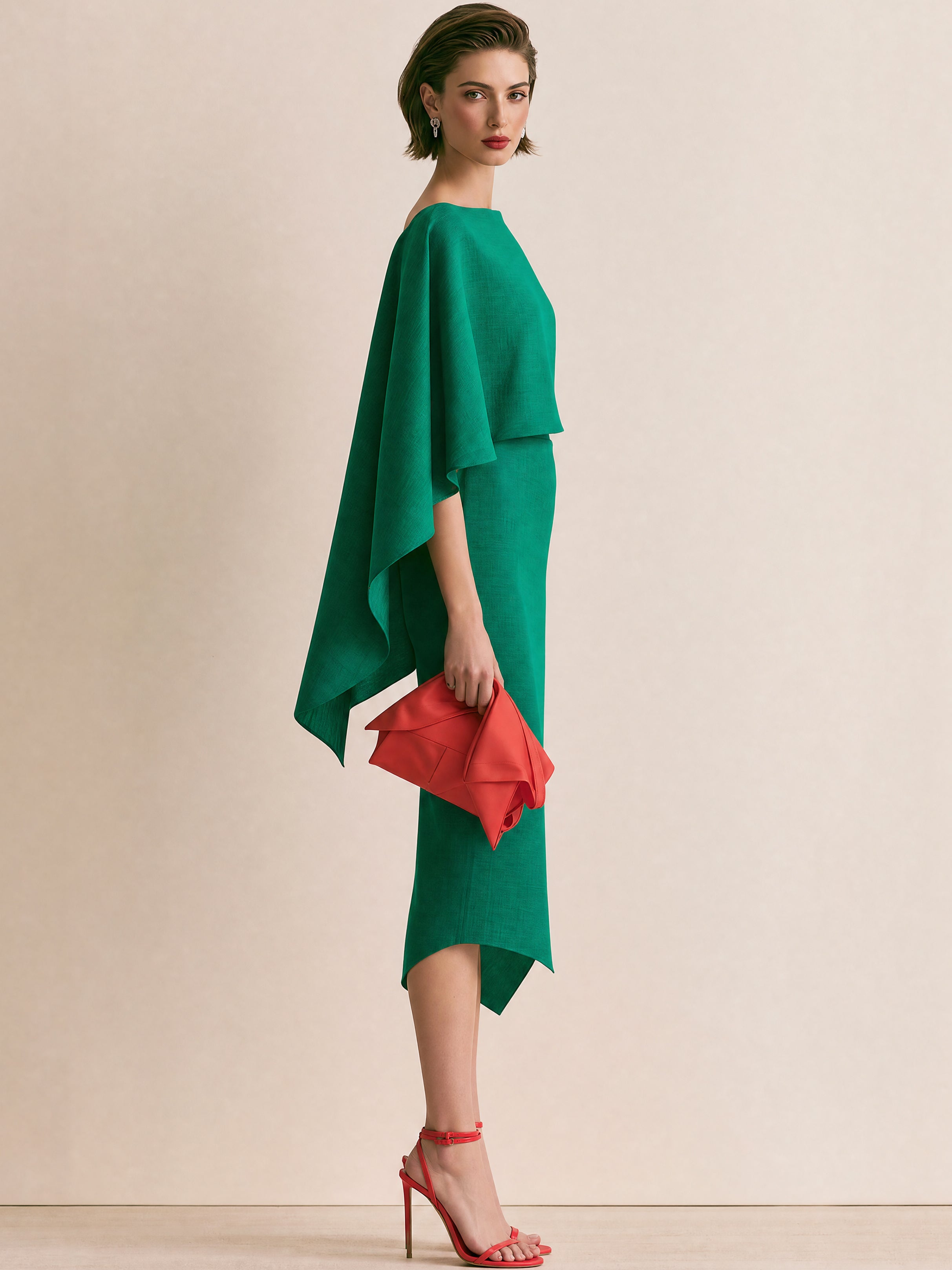 Elegant Green Linen Midi Dress With Cape Overlay & Asymmetric Wrap Slit