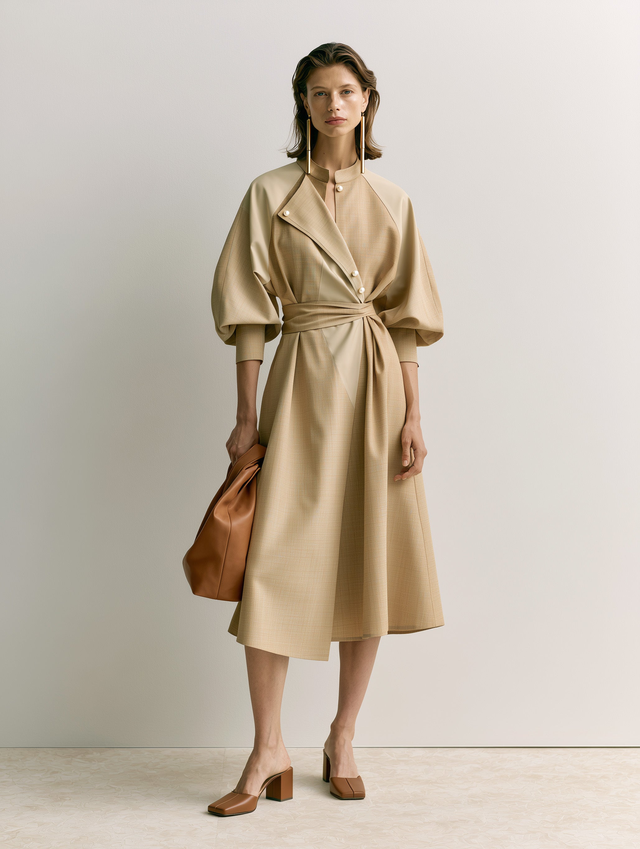 French Khaki Panel Design Shirt Dress