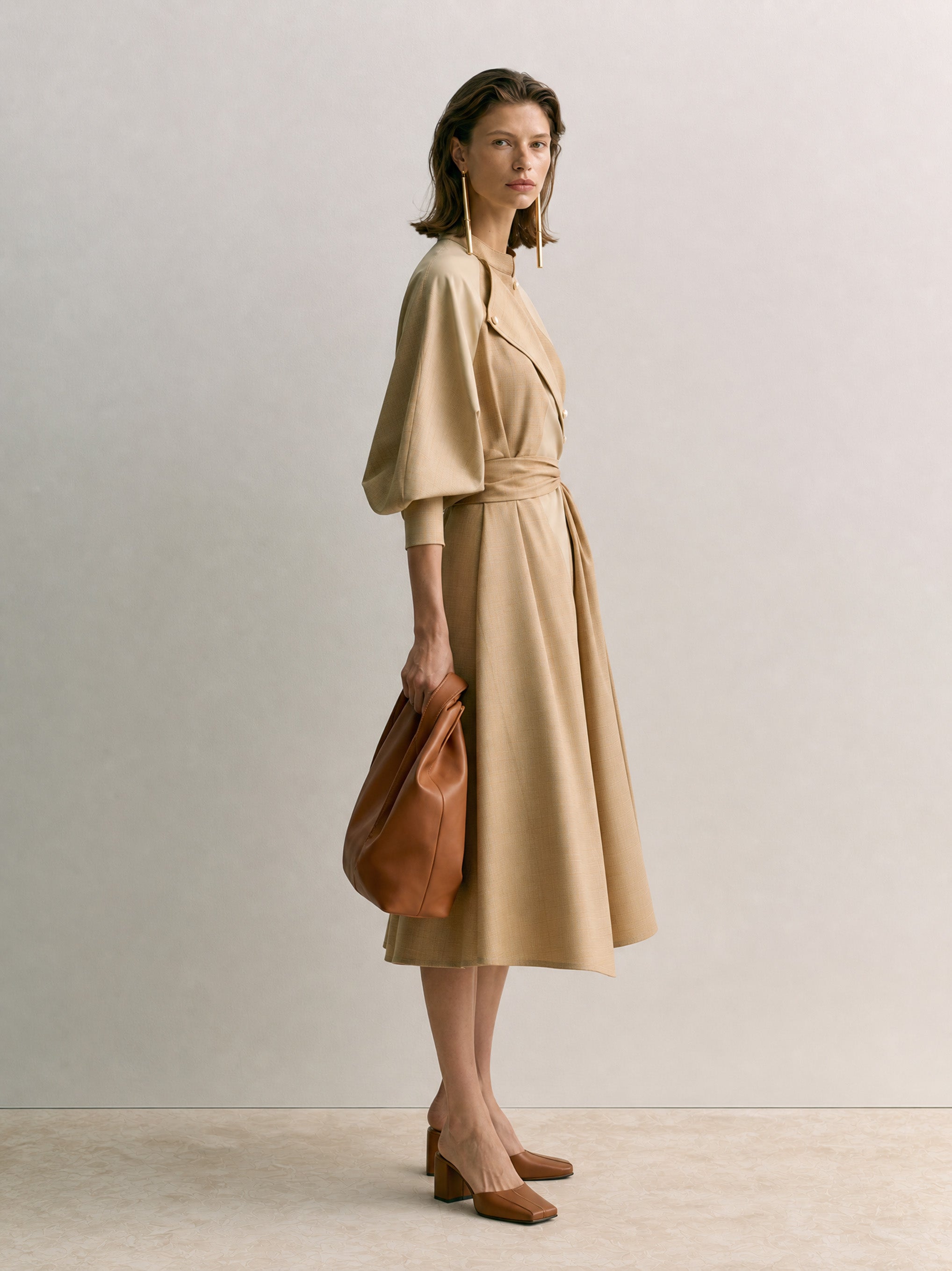 French Khaki Panel Design Shirt Dress