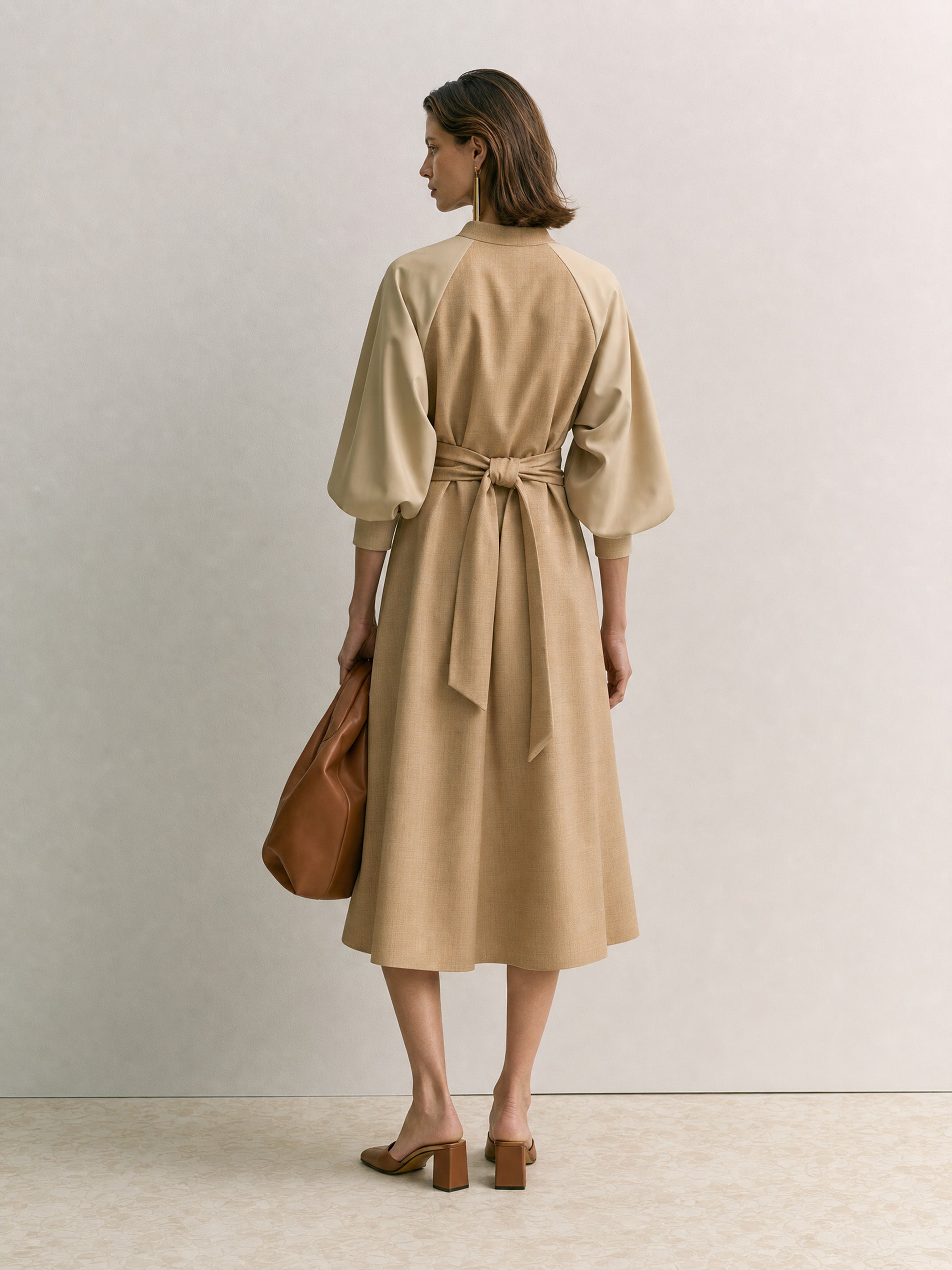 French Khaki Panel Design Shirt Dress