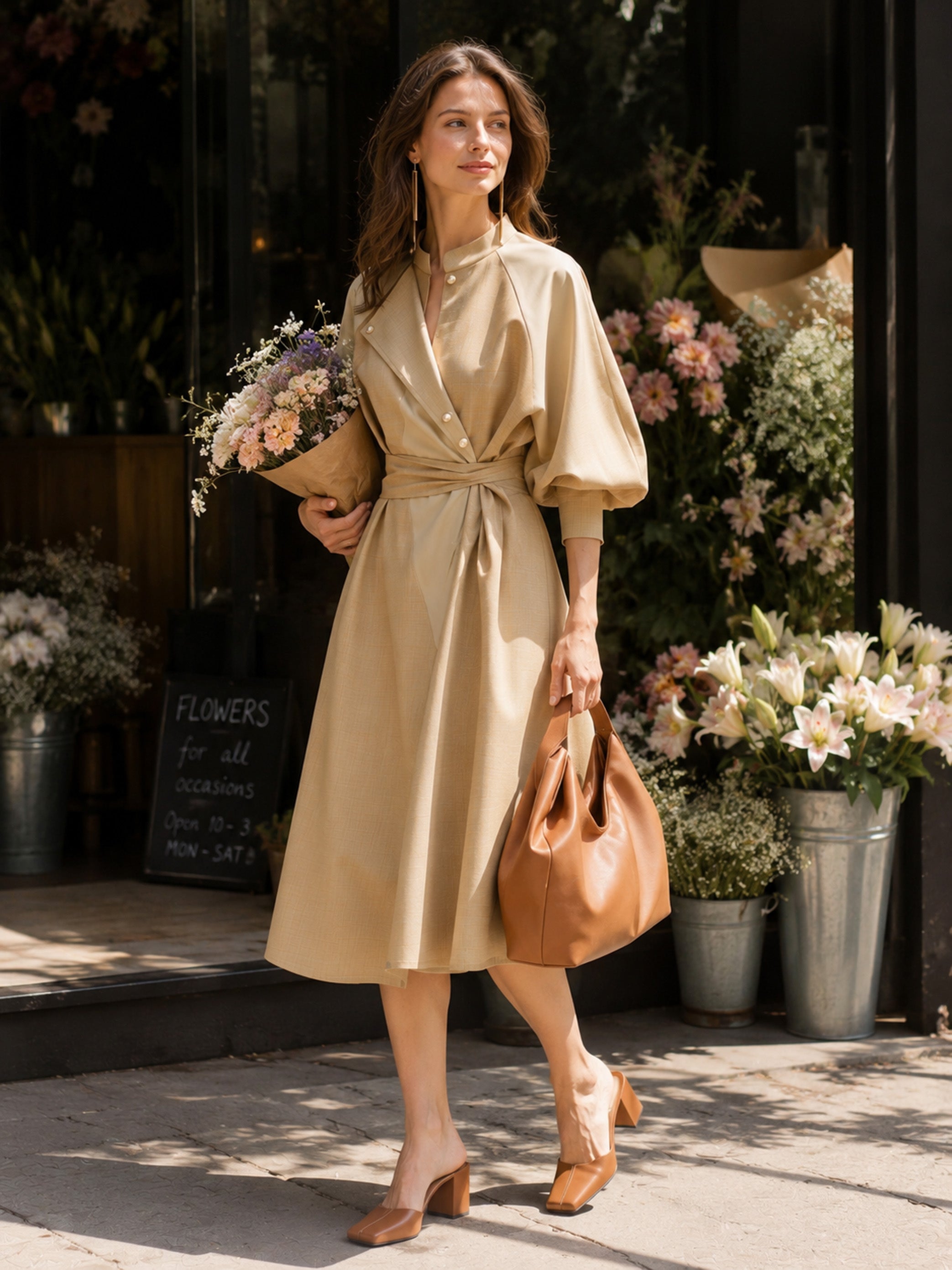 French Khaki Panel Design Shirt Dress