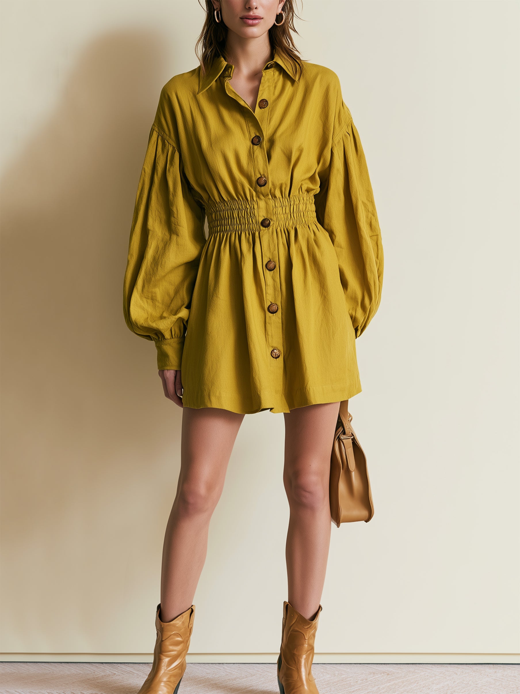 Mustard Shirt Long Sleeve Smocked Waist Mini Dress