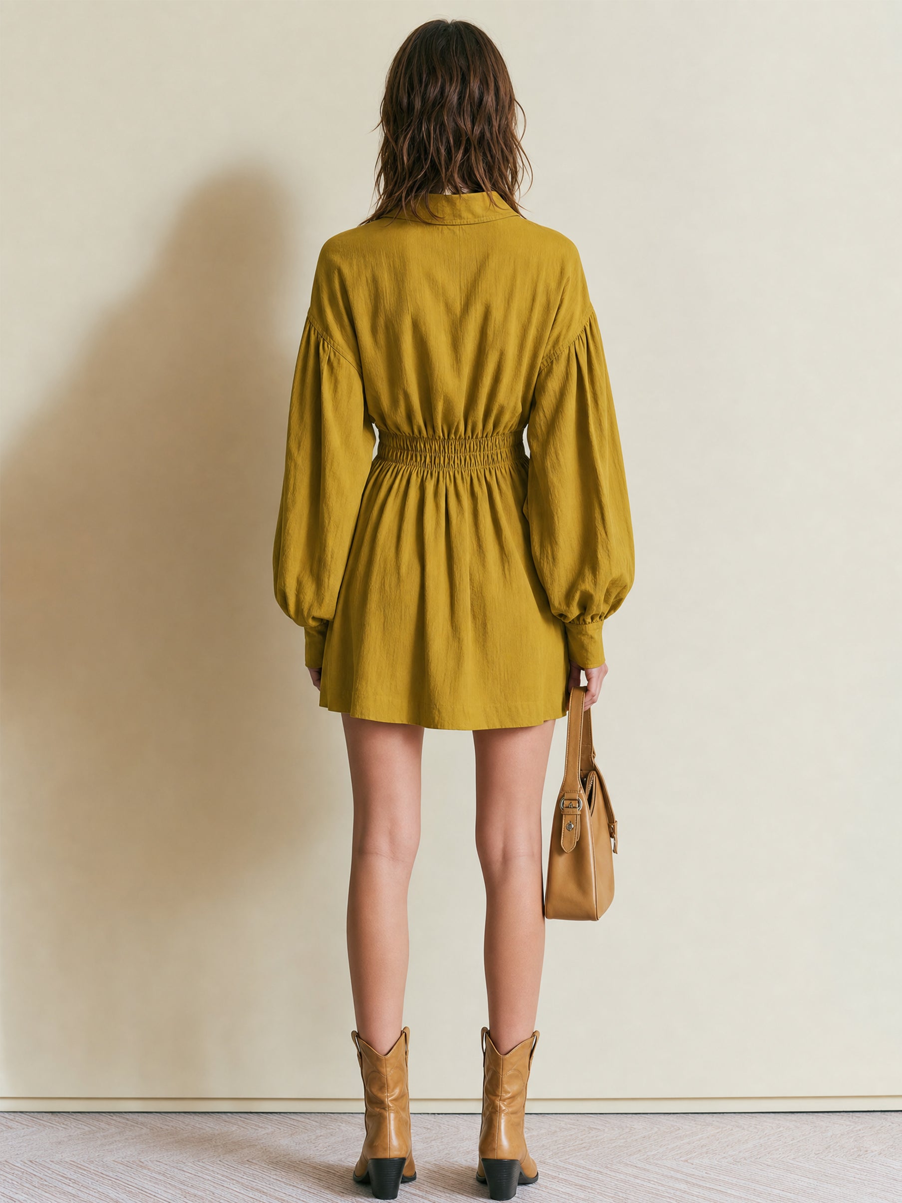 Mustard Shirt Long Sleeve Smocked Waist Mini Dress