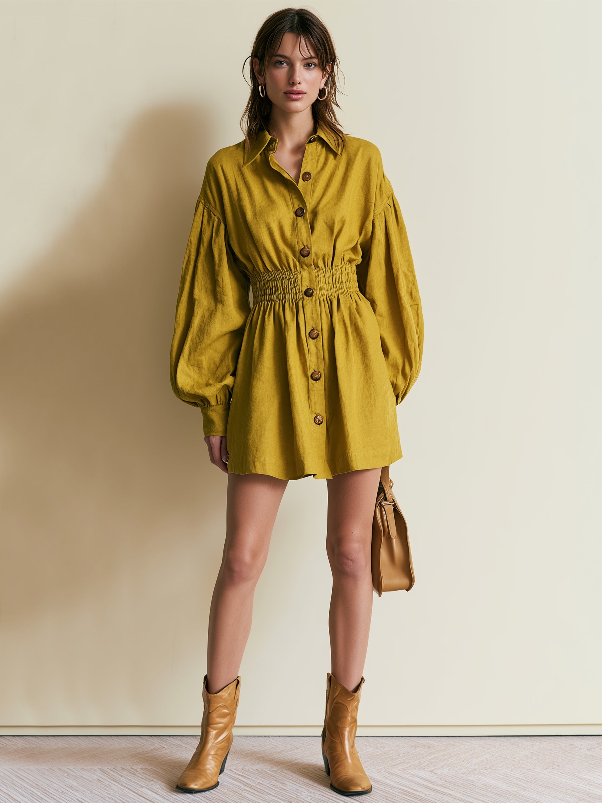 Mustard Shirt Long Sleeve Smocked Waist Mini Dress