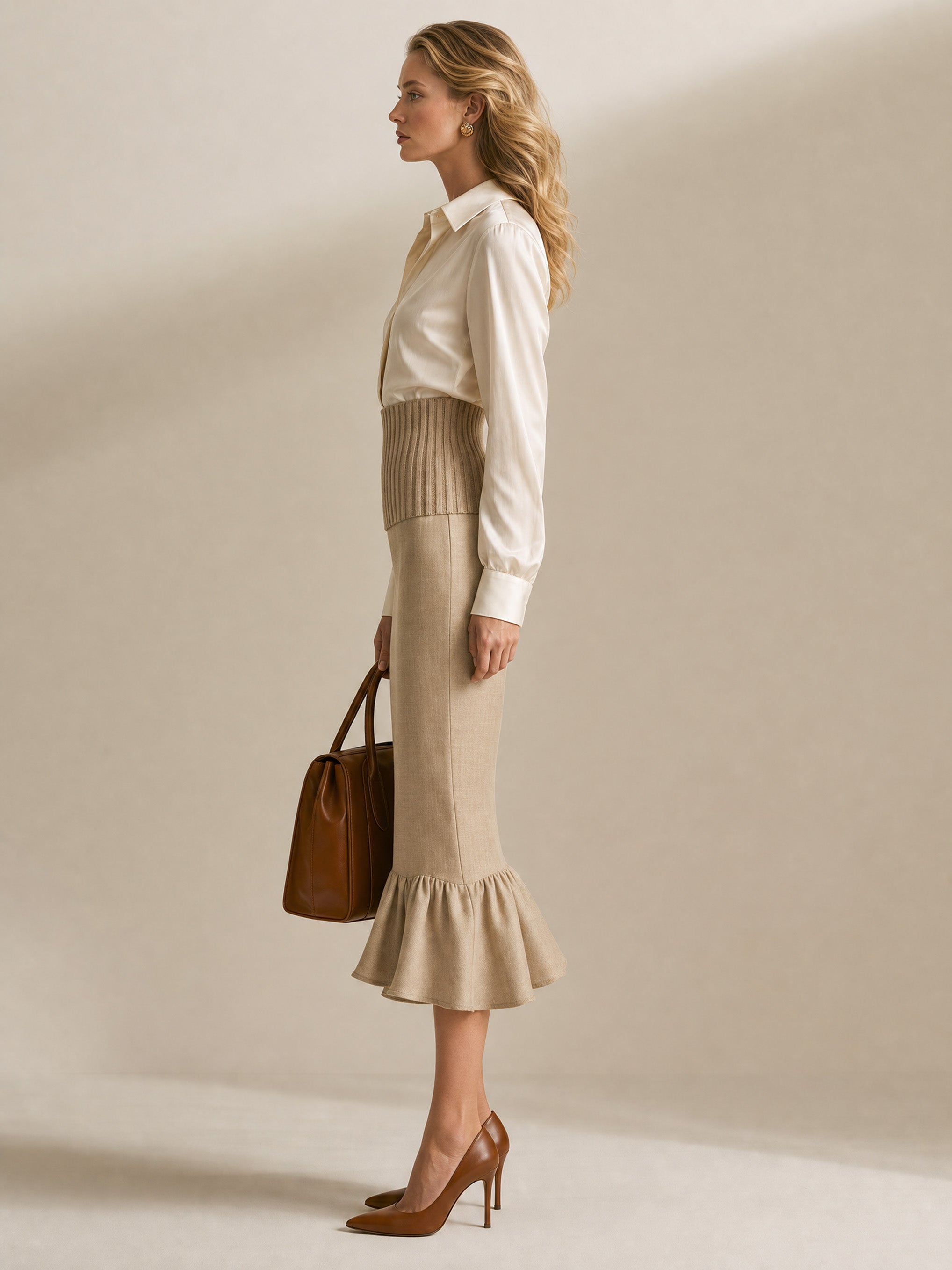French Elegant Style Light Camel Knit Texture Paneled Mermaid Skirt Set