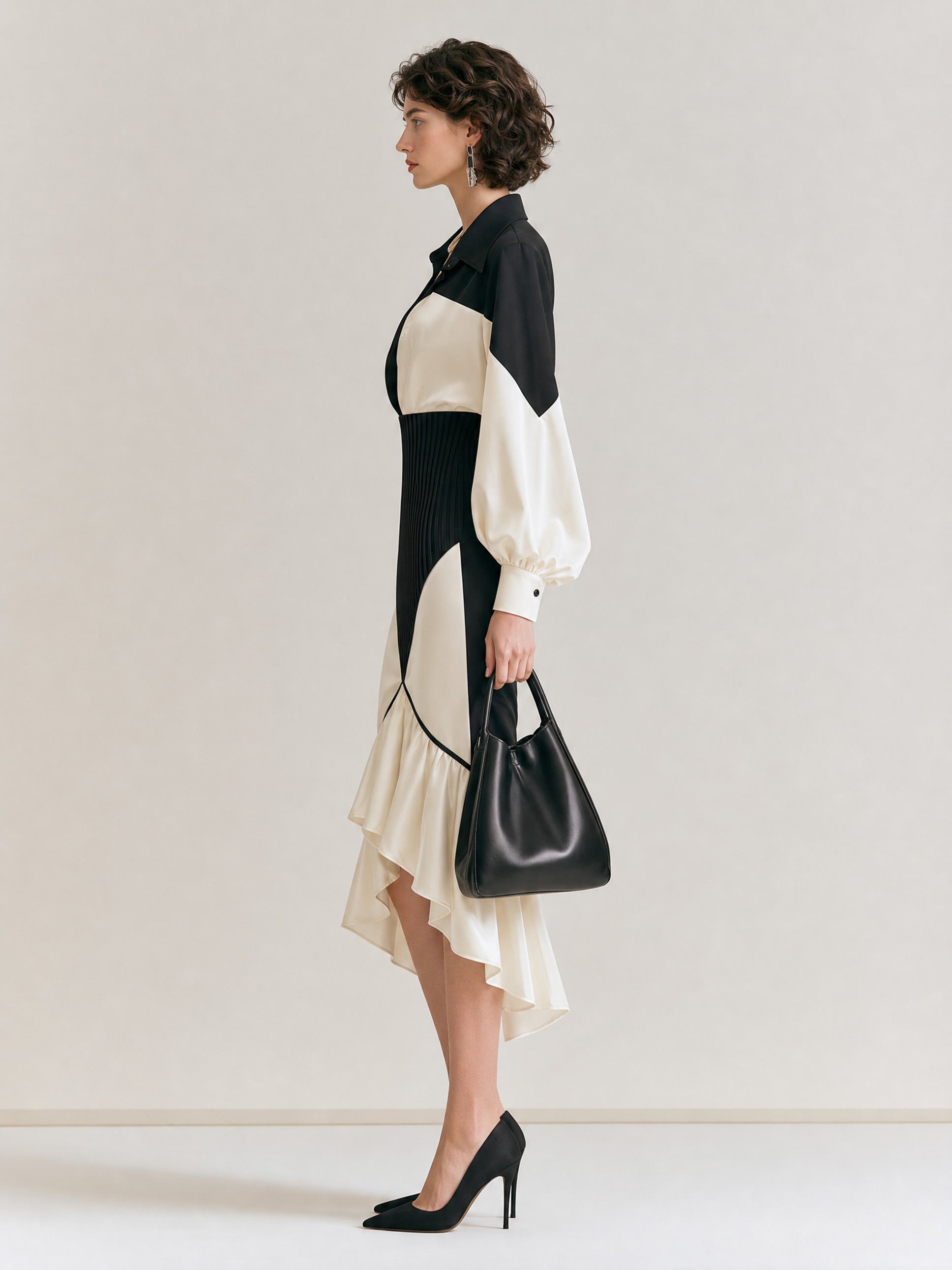 French Elegant Style Black-and-White Contrast Waisted Bubble-Sleeve Asymmetrical Midi Dress
