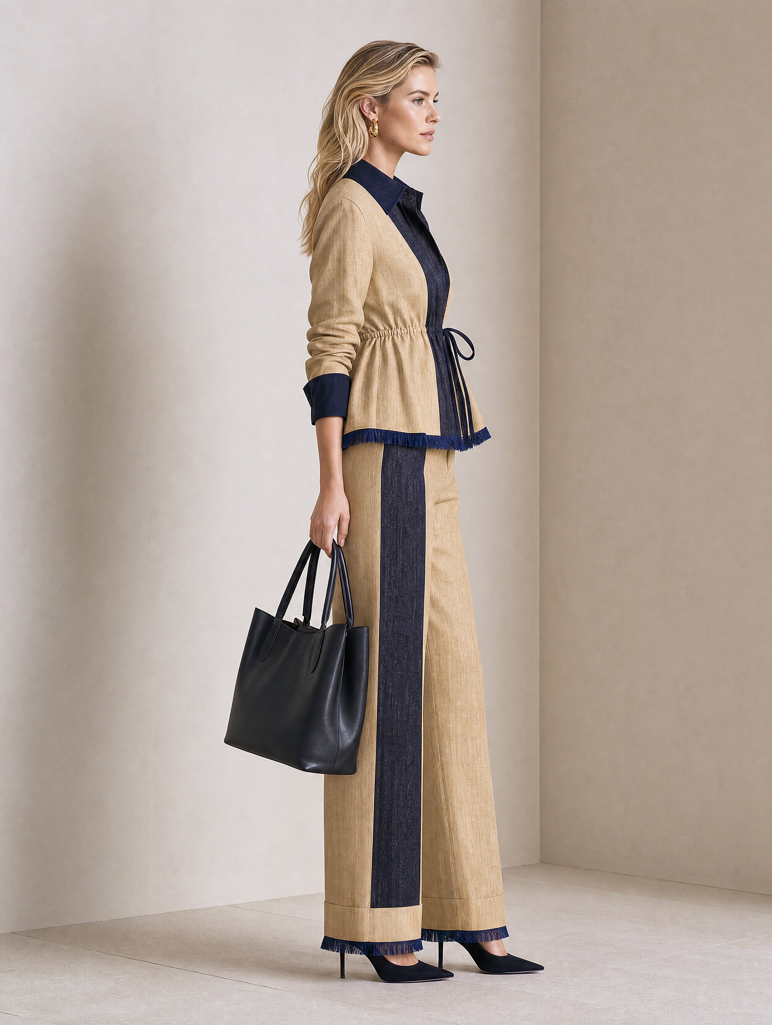 French Relaxed Khaki Navy Vertical Panel Shirt & Wide-Leg Two-Piece Set