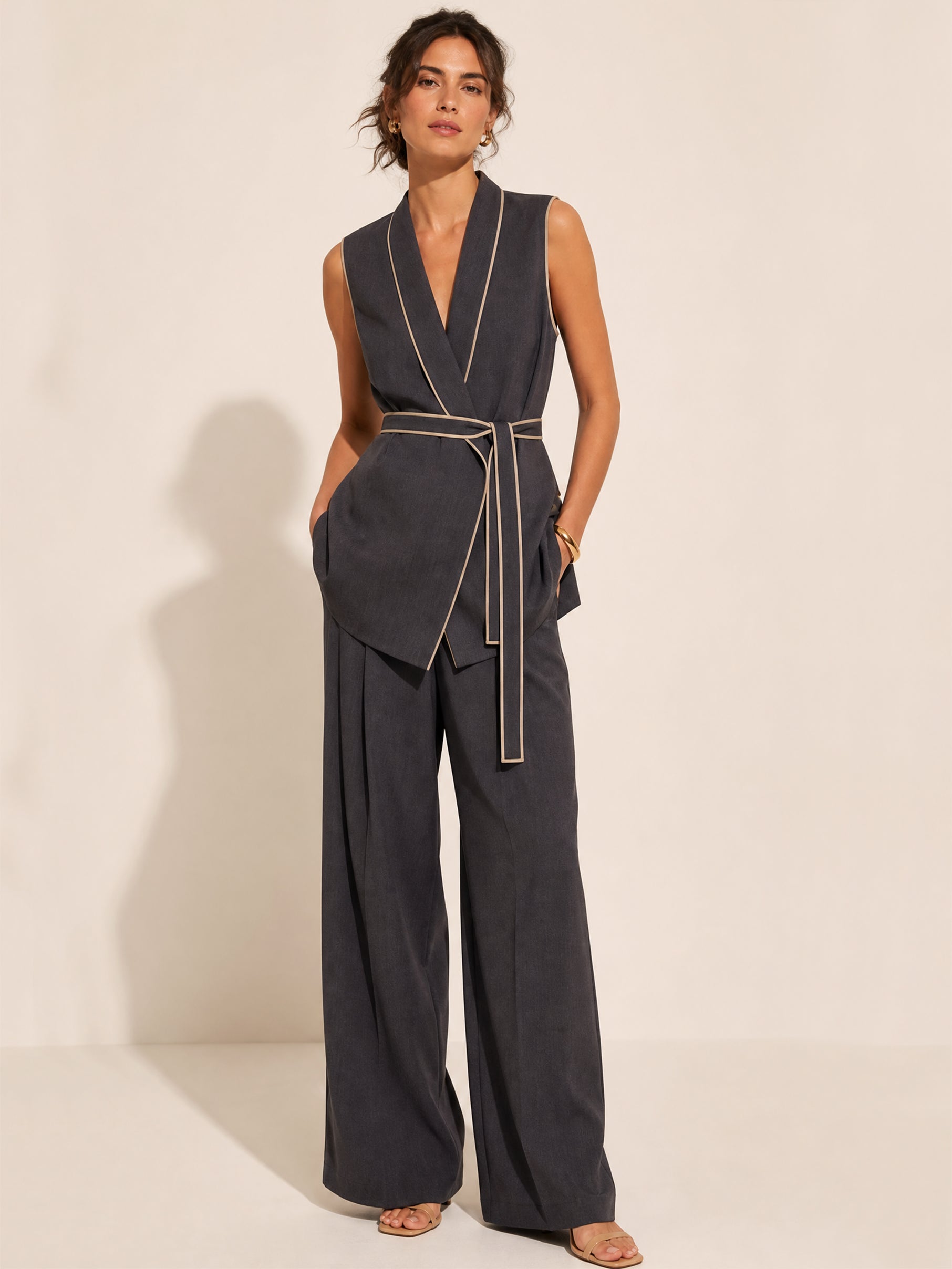 Elegant Tailored Suit:Beige Contrast Wrap Waistcoat &Wide Leg Pants