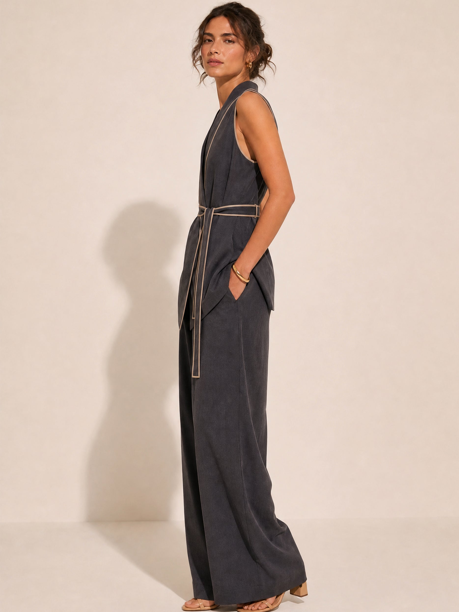 Elegant Tailored Suit:Beige Contrast Wrap Waistcoat &Wide Leg Pants