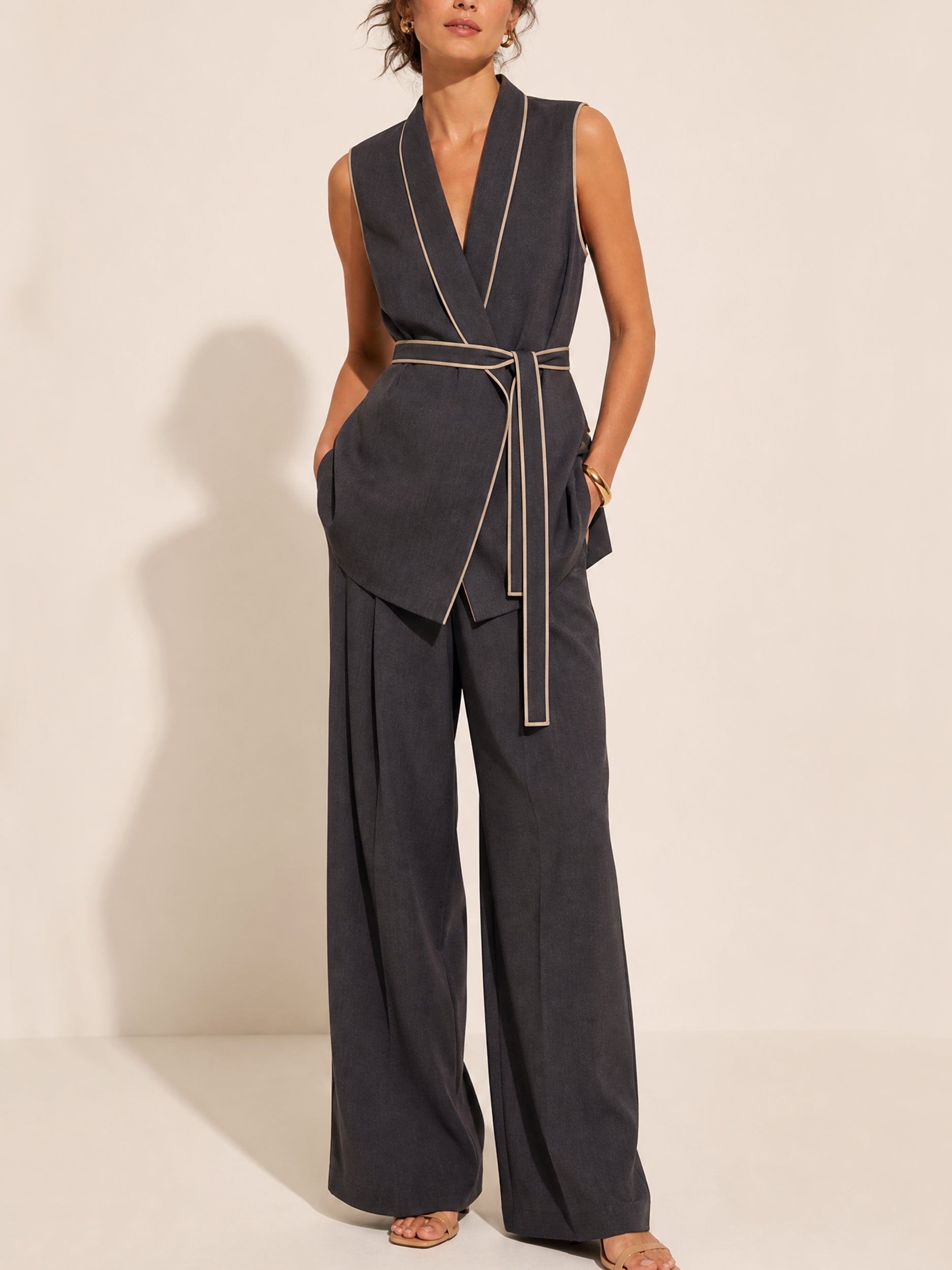 Elegant Tailored Suit:Beige Contrast Wrap Waistcoat &Wide Leg Pants