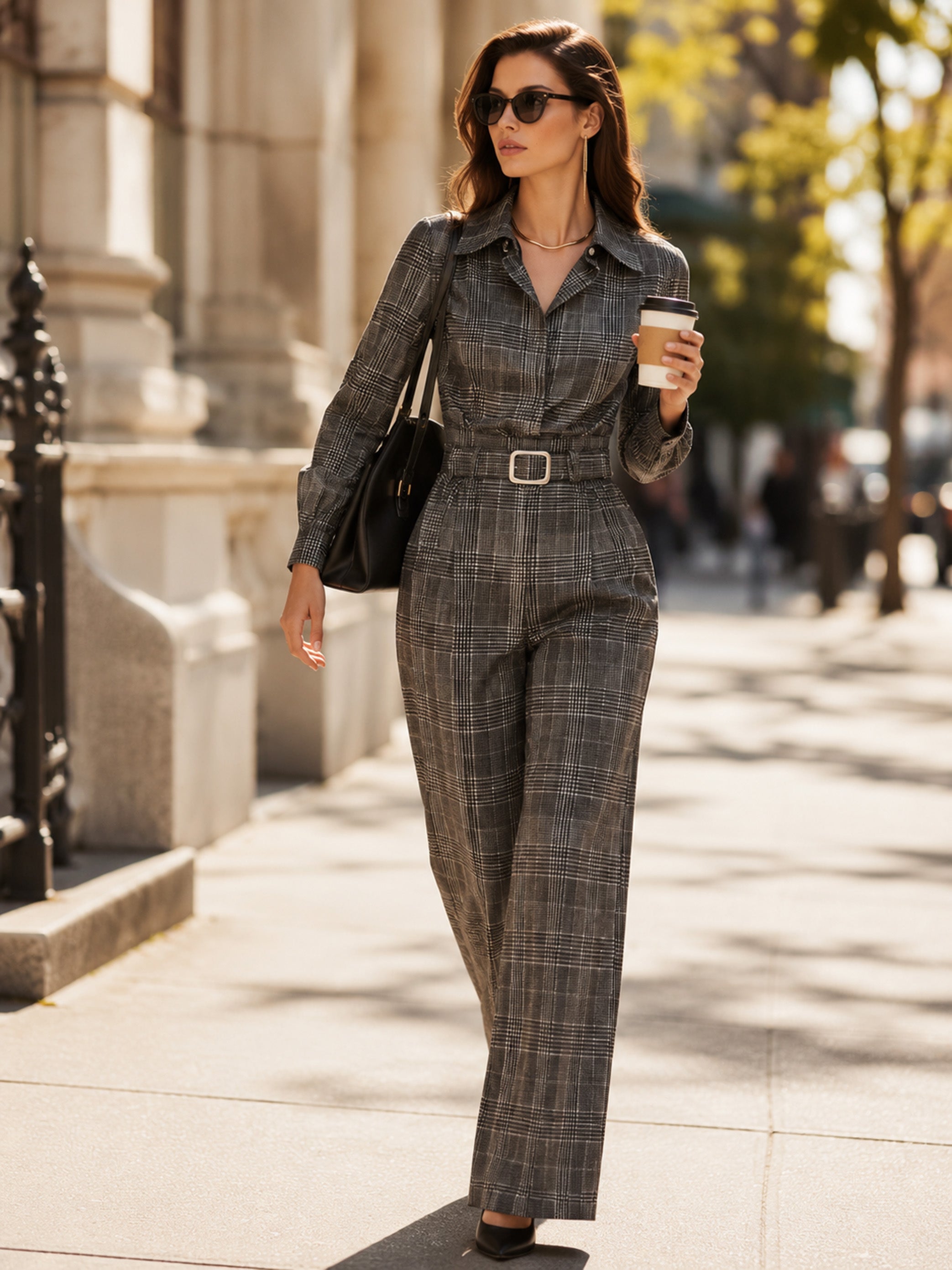 French Commute Charcoal Plaid Collar Draped Wide-Leg Jumpsuit